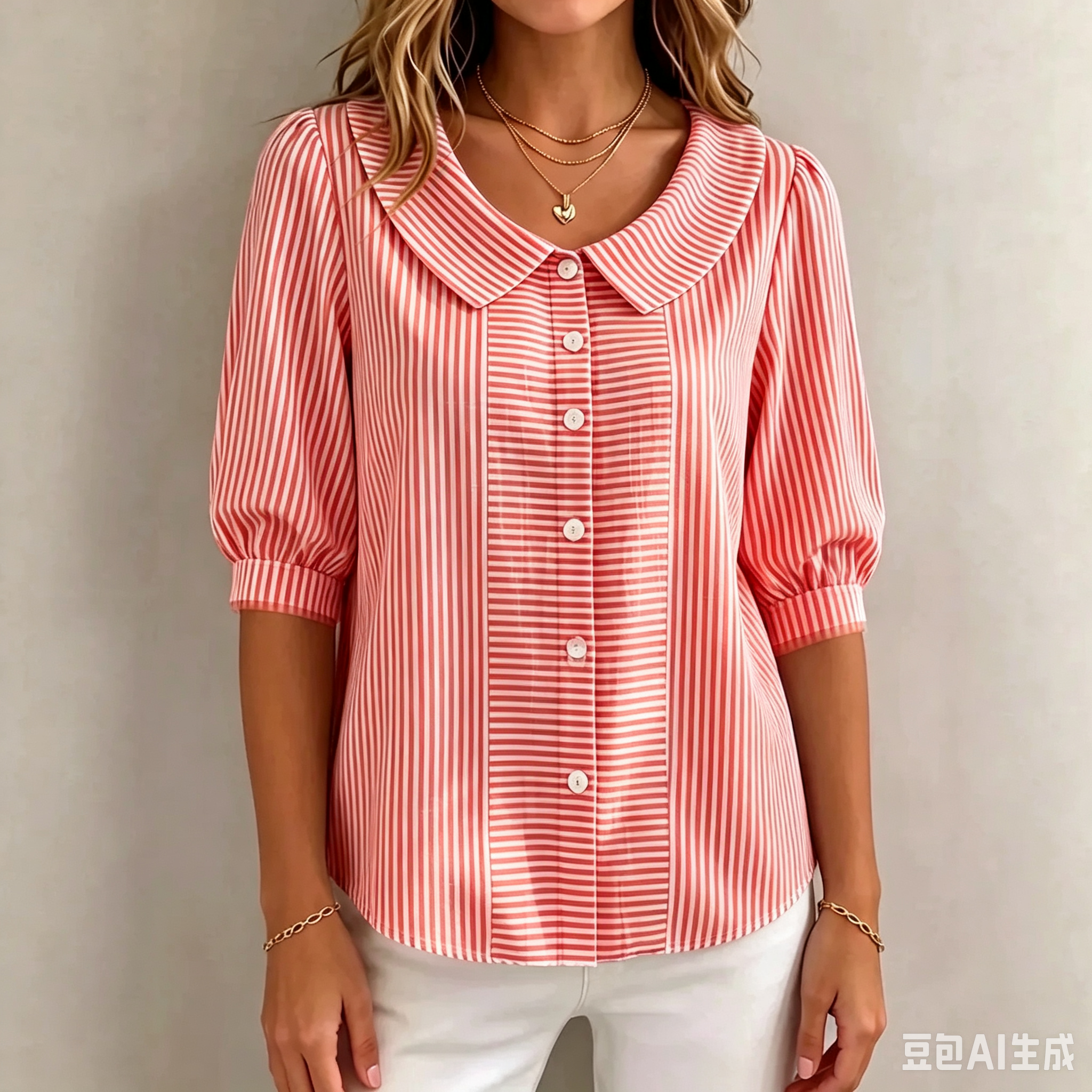 Women’s Peter Pan Collar Striped Button-Up Blouse with Puff Sleeves