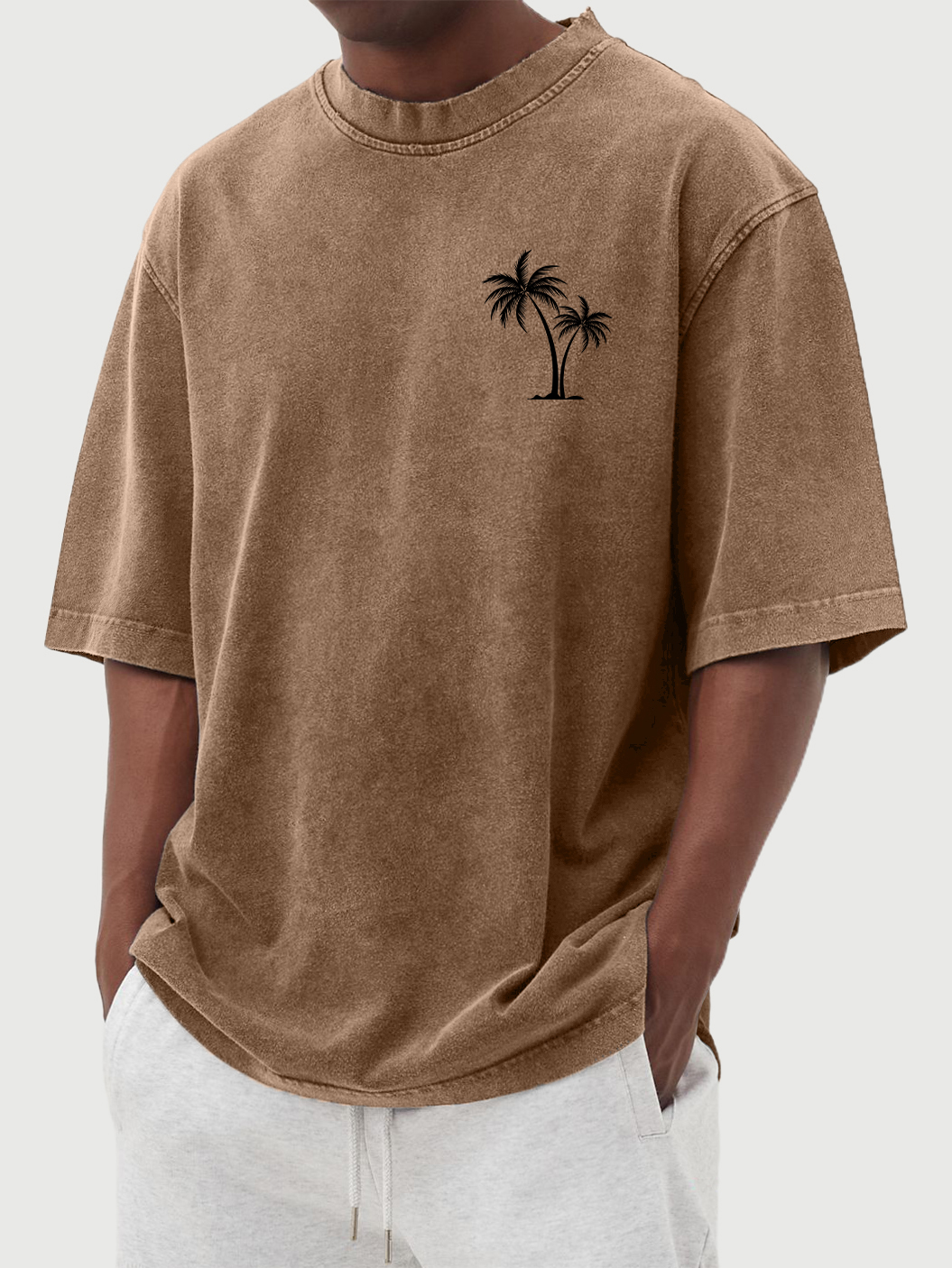 Men's Cotton Washed Distressed Palm Tree Print Short Sleeved Round Neck T-shirt