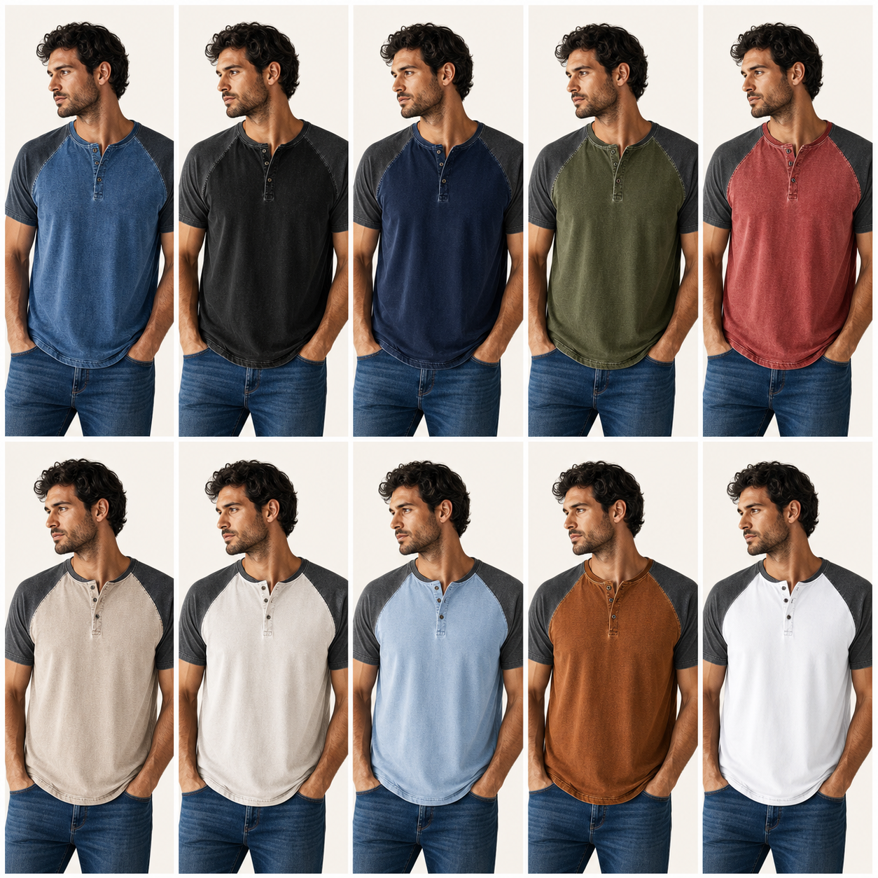 Ten color washed raglan henley model sheet