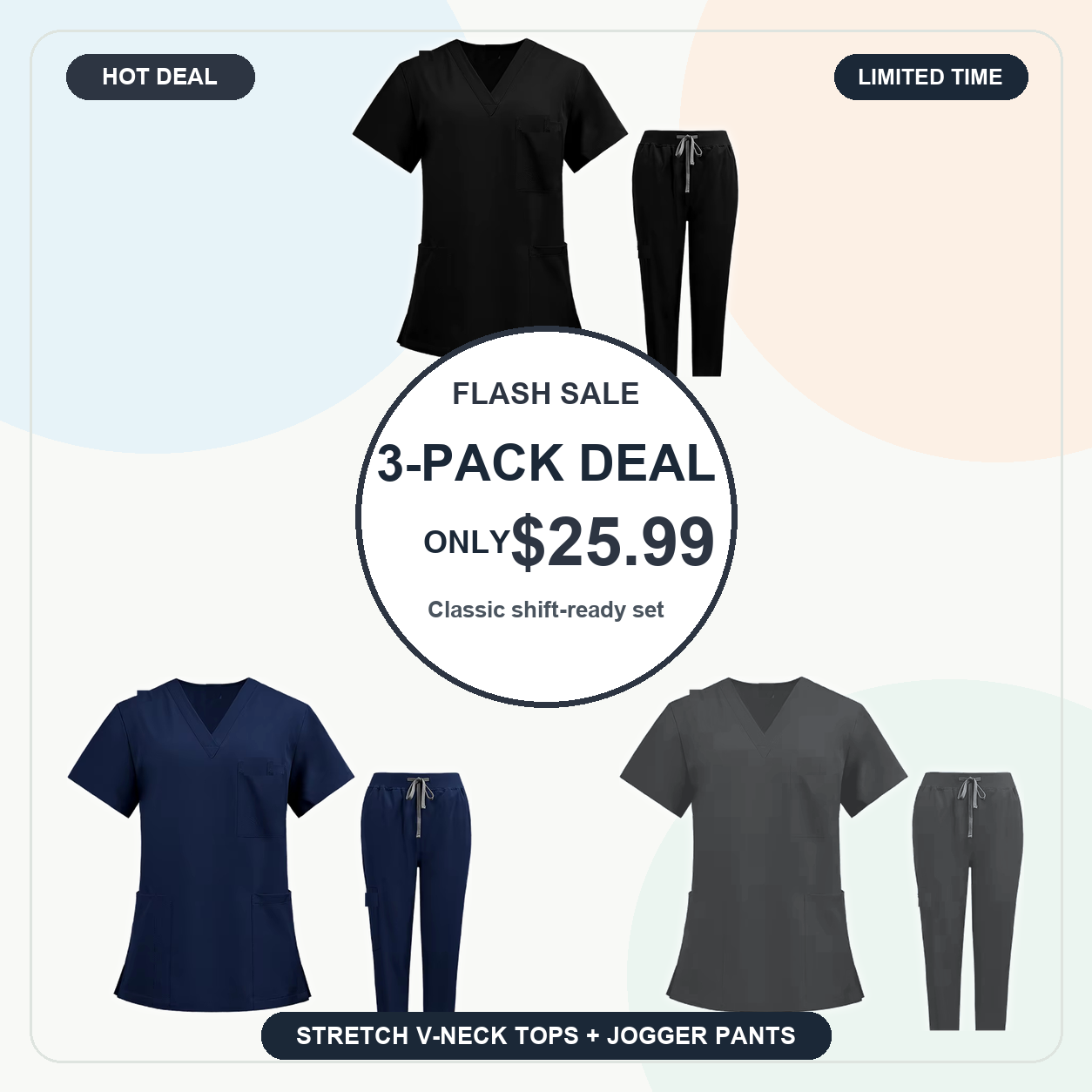 Classic 3-Pack - SUMMER FINAL SALE - Women's V-Neck Stretch Scrub Set 9-Pack $39.99