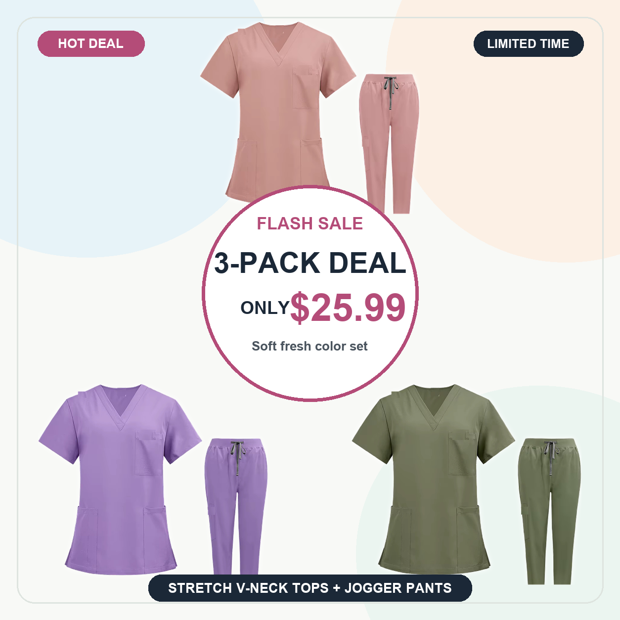 Soft 3-Pack - SUMMER FINAL SALE - Women's V-Neck Stretch Scrub Set 9-Pack $39.99
