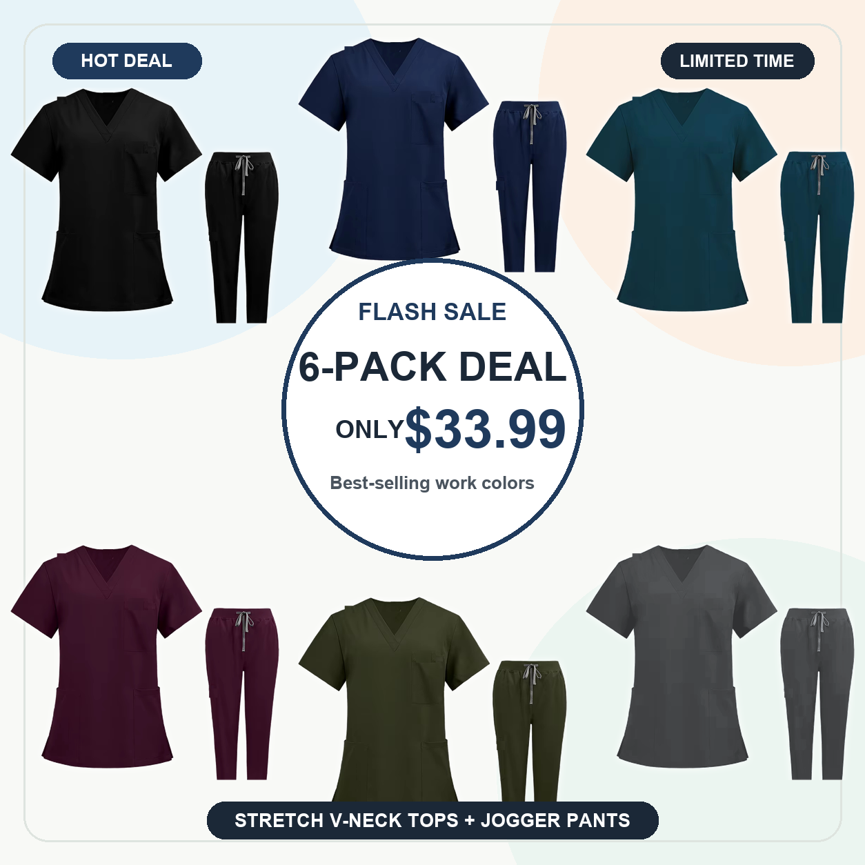 Core 6-Pack - SUMMER FINAL SALE - Women's V-Neck Stretch Scrub Set 9-Pack $39.99