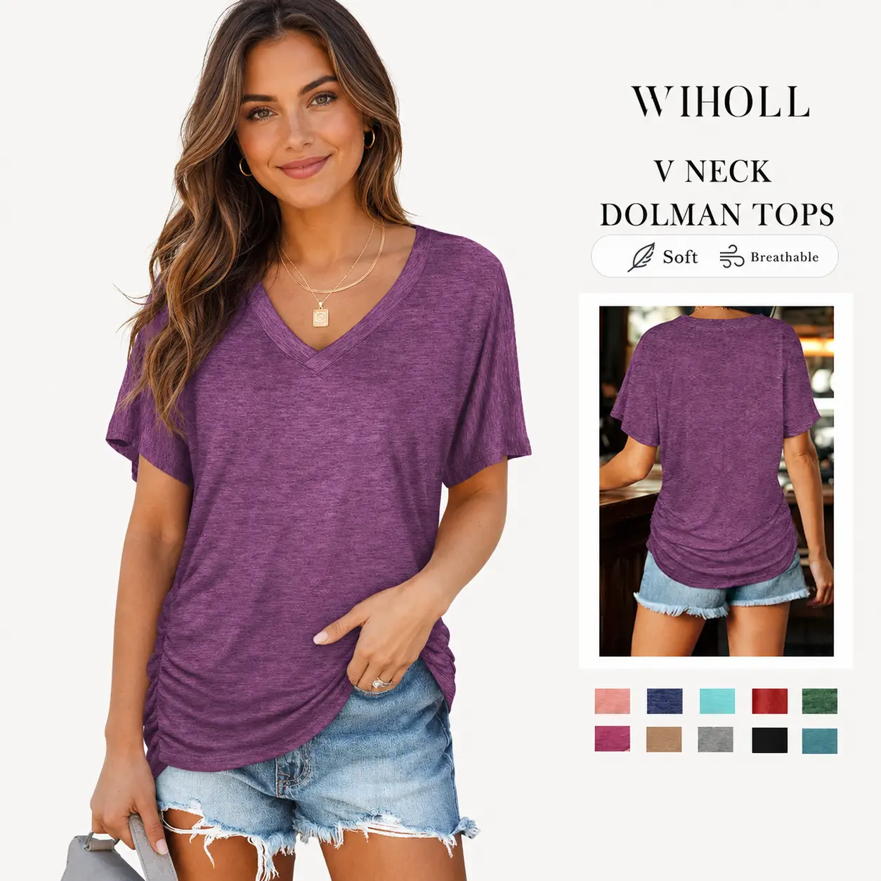 WIHOLL Womens V Neck Dolman Tops with Side Shirring
