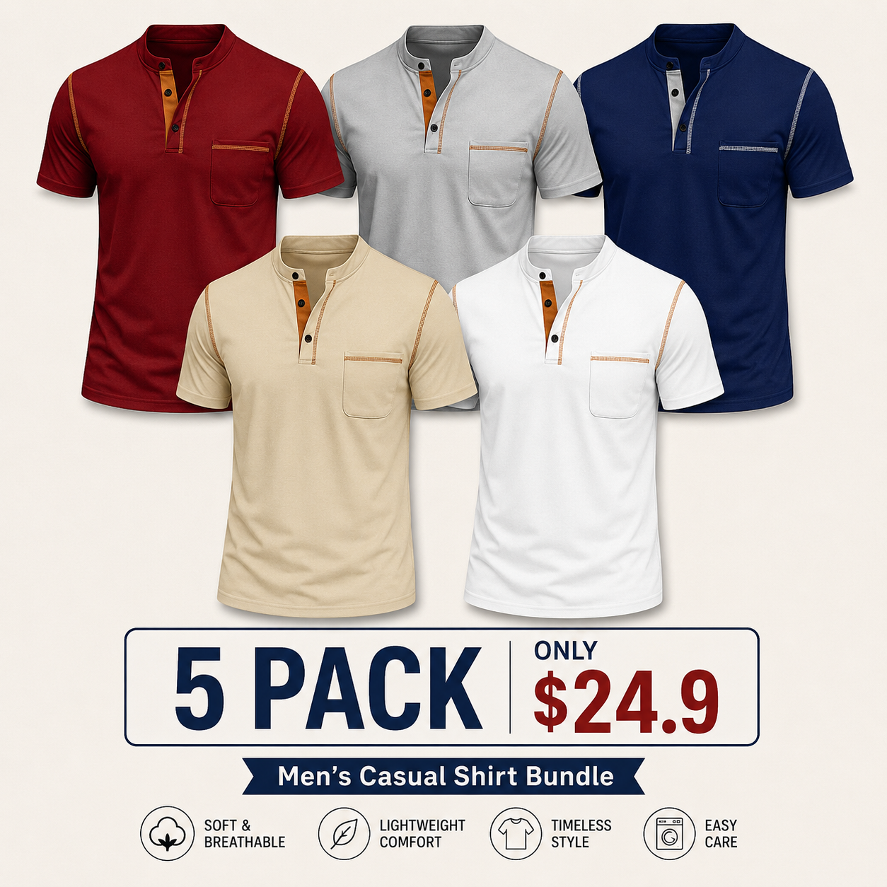 Men's Casual Henley Short Sleeve T-Shirt with Pocket – Contrast Trim Lightweight Summer Tee