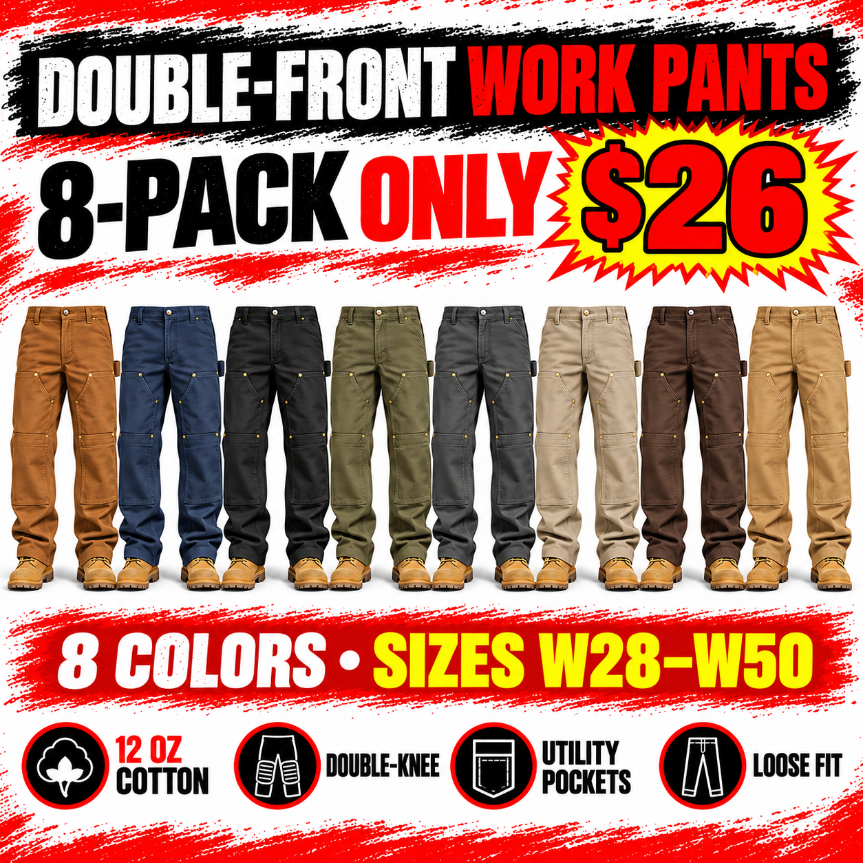 Men's Loose Fit Firm Duck Double-Front Work Pants