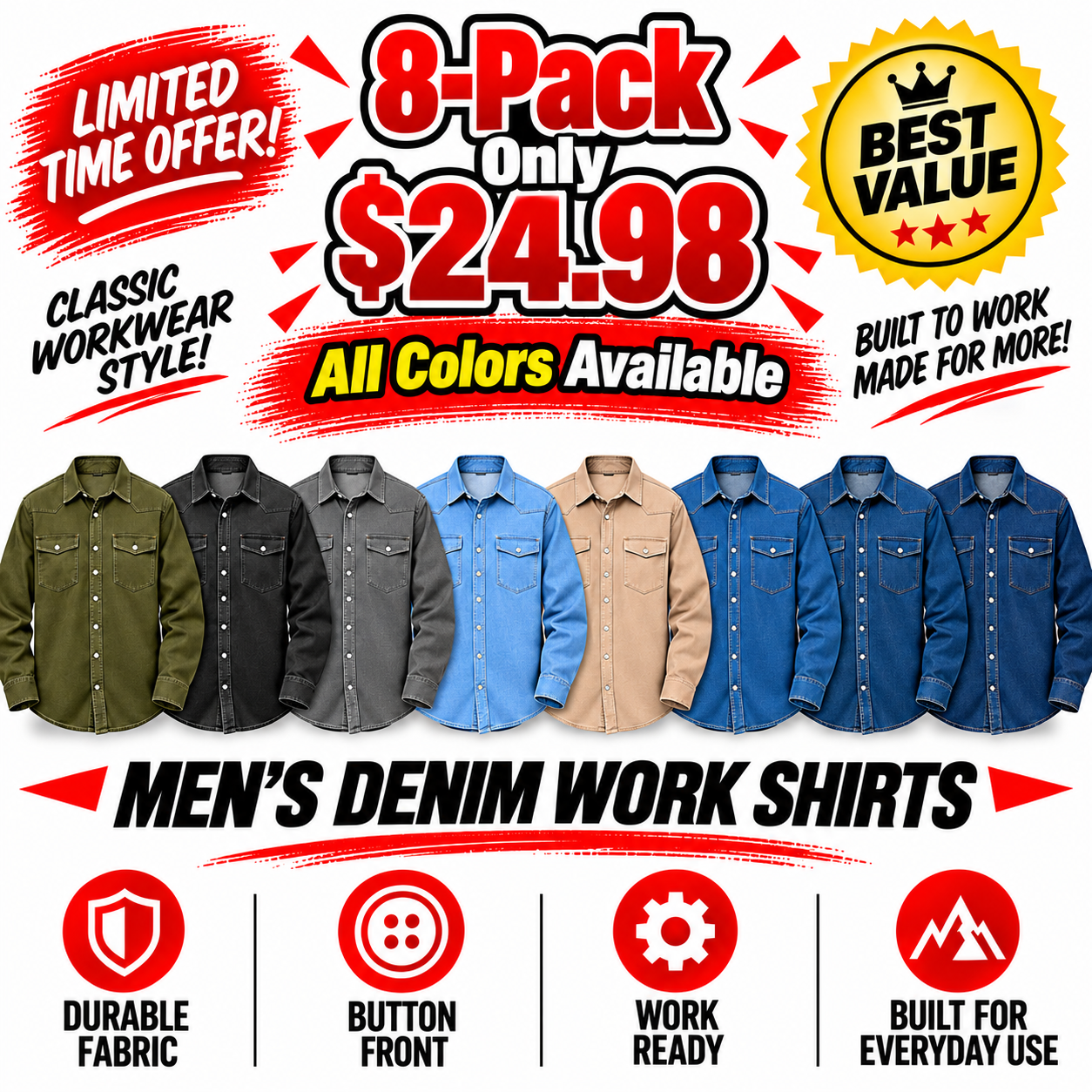 Men's Stonewashed Denim Long Sleeve Work Shirt