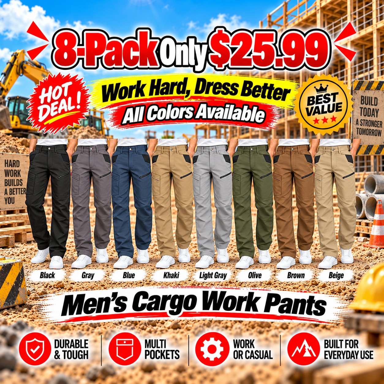 Men’s 8-Pack Stretch Ripstop Work Pants – Water-Resistant Multi-Pocket Outdoor Pants