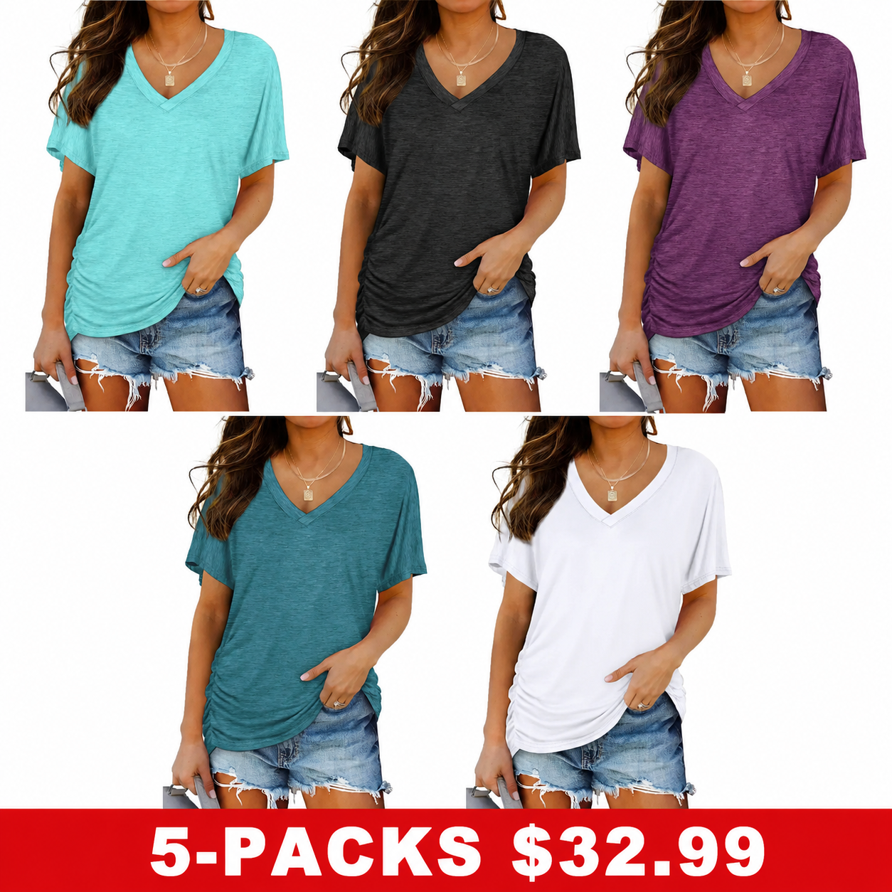 WIHOLL Womens V Neck Dolman Tops with Side Shirring