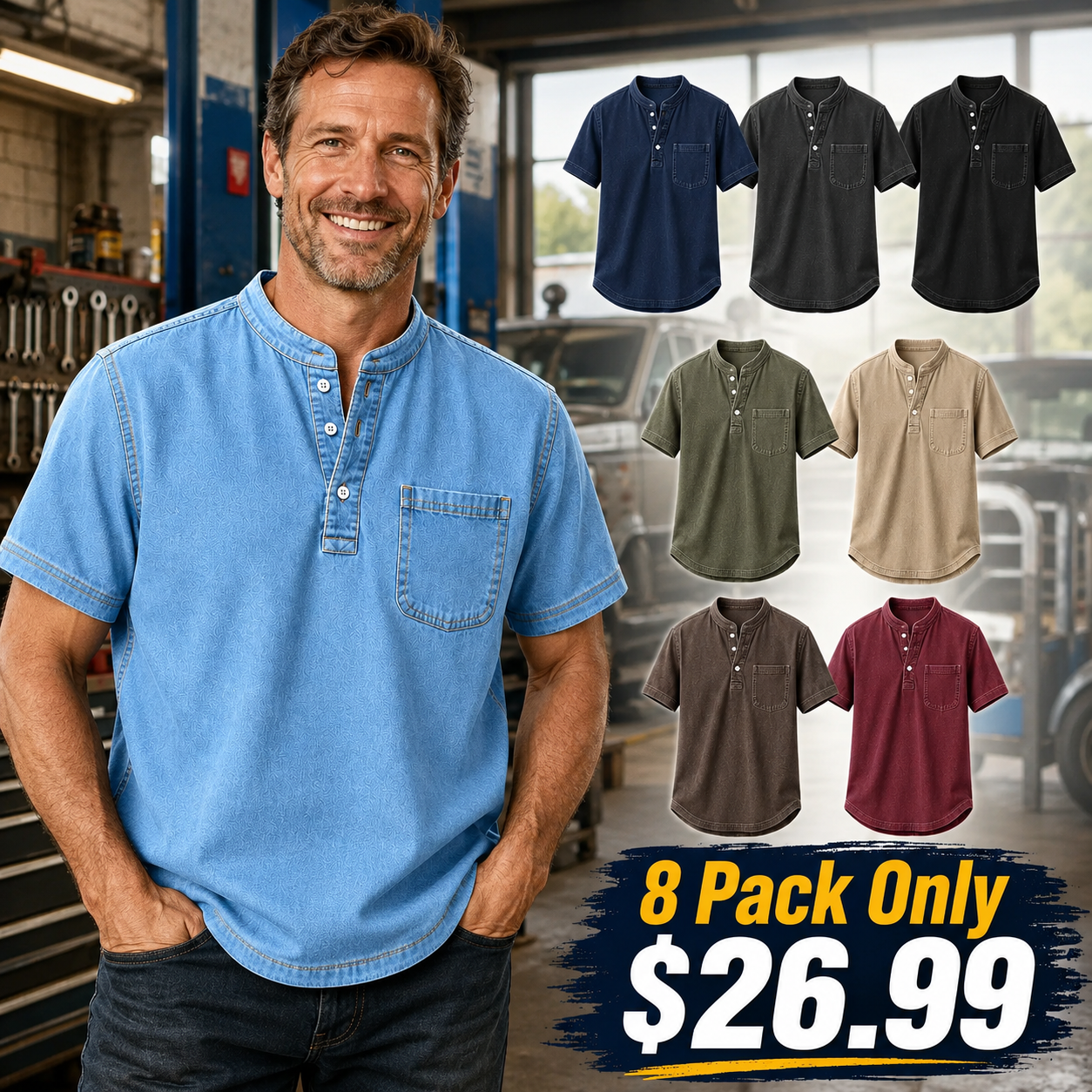 Limited Deal 8-Pack Men's Washed Stand Collar Henley Shirts, Short Sleeve Relaxed Fit Pocket Tops