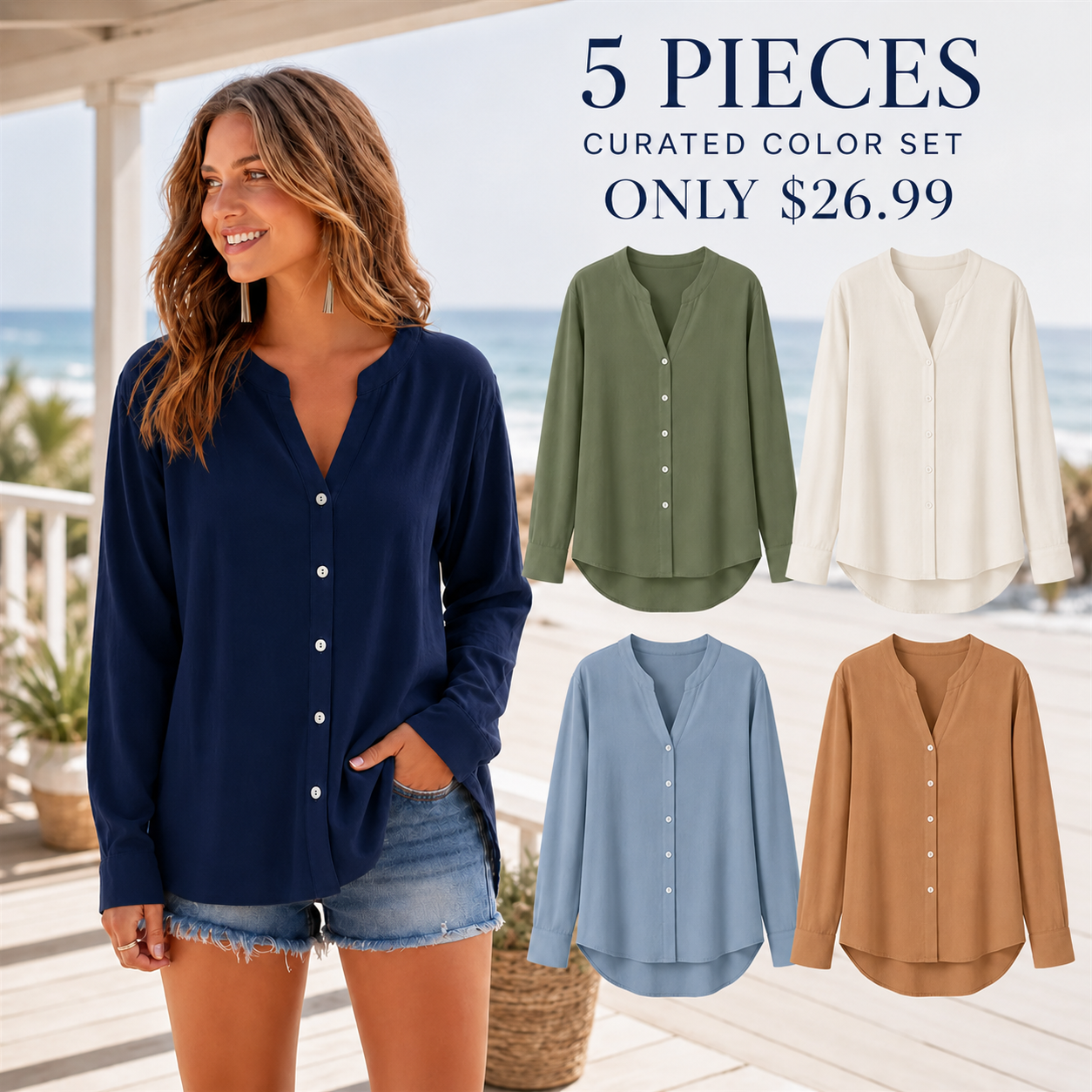 FINAL CLEARANCE - 10-Pack Only $39.99 - Women's Relaxed V-Neck Button-Front Long-Sleeve Top