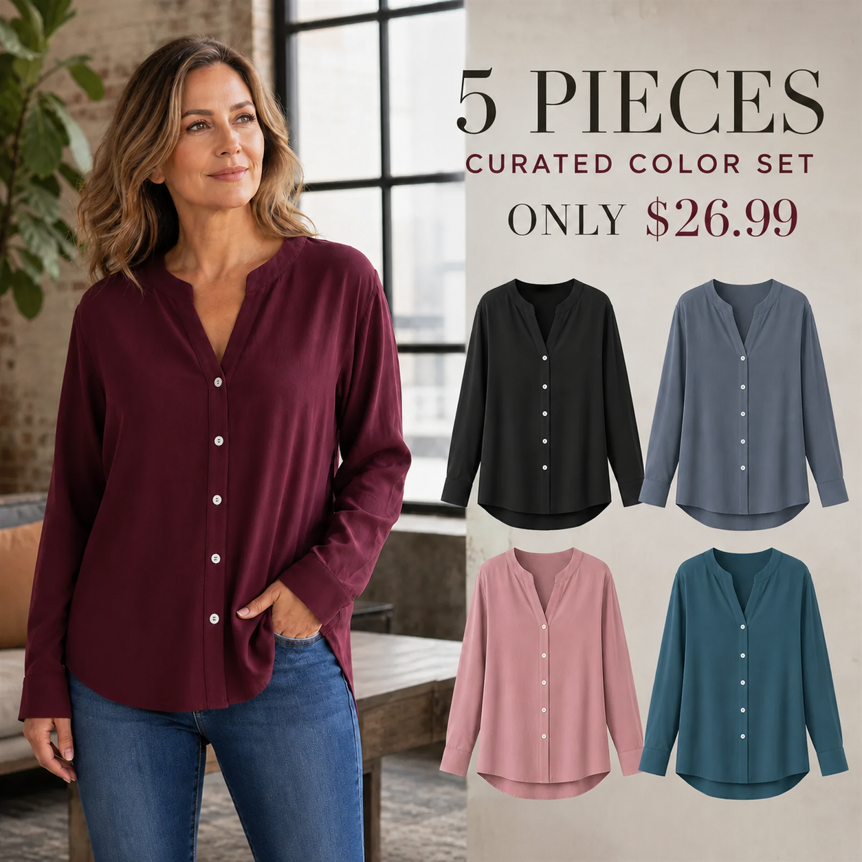 FINAL CLEARANCE - 10-Pack Only $39.99 - Women's Relaxed V-Neck Button-Front Long-Sleeve Top