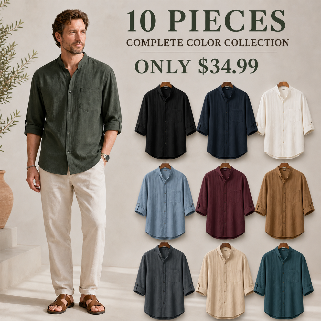 FINAL CLEARANCE - 10-Pack Only $34.99 - Men's Relaxed Mandarin-Collar Three-Quarter-Sleeve Button-Front Shirt