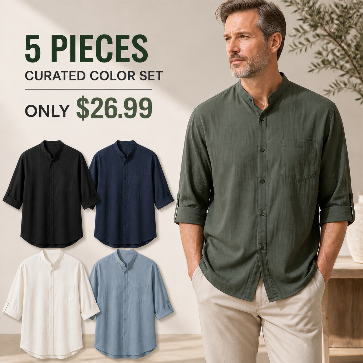 FINAL CLEARANCE - 10-Pack Only $34.99 - Men's Relaxed Mandarin-Collar Three-Quarter-Sleeve Button-Front Shirt