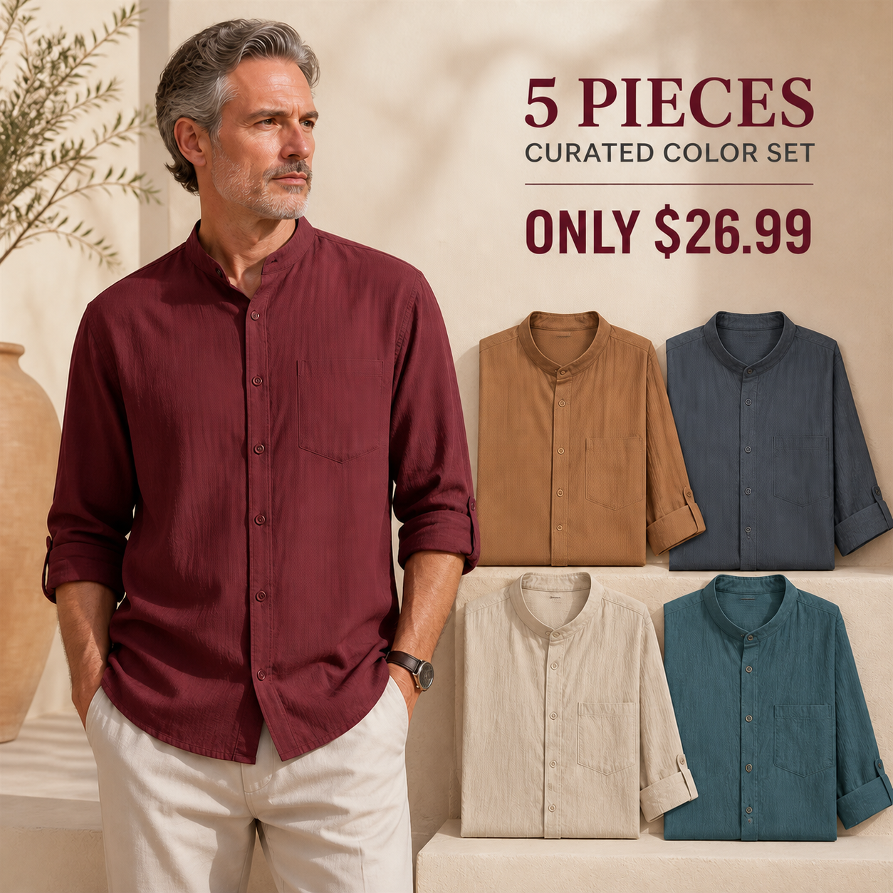 FINAL CLEARANCE - 10-Pack Only $34.99 - Men's Relaxed Mandarin-Collar Three-Quarter-Sleeve Button-Front Shirt