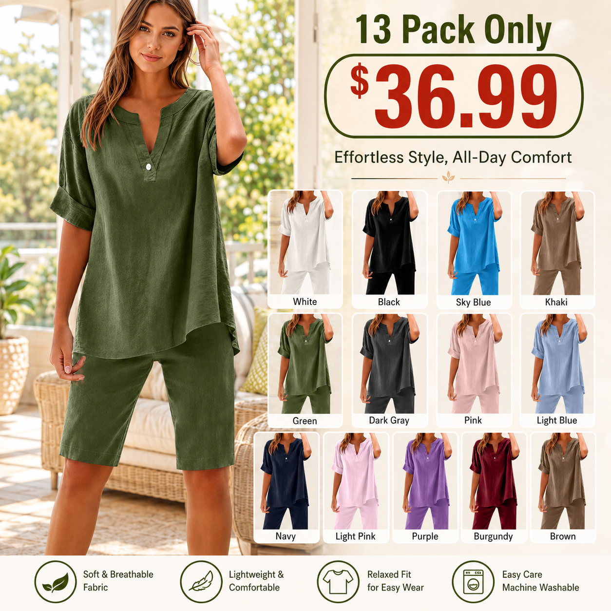 Women’s 2-Piece Casual Linen-Blend Set – V-Neck Top & Shorts, Relaxed Fit Everyday Outfit