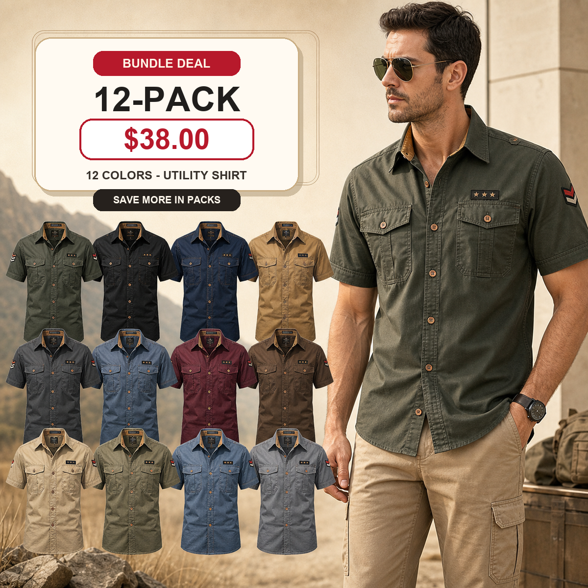 Men's Embroidered Patch Short Sleeve Utility Shirt