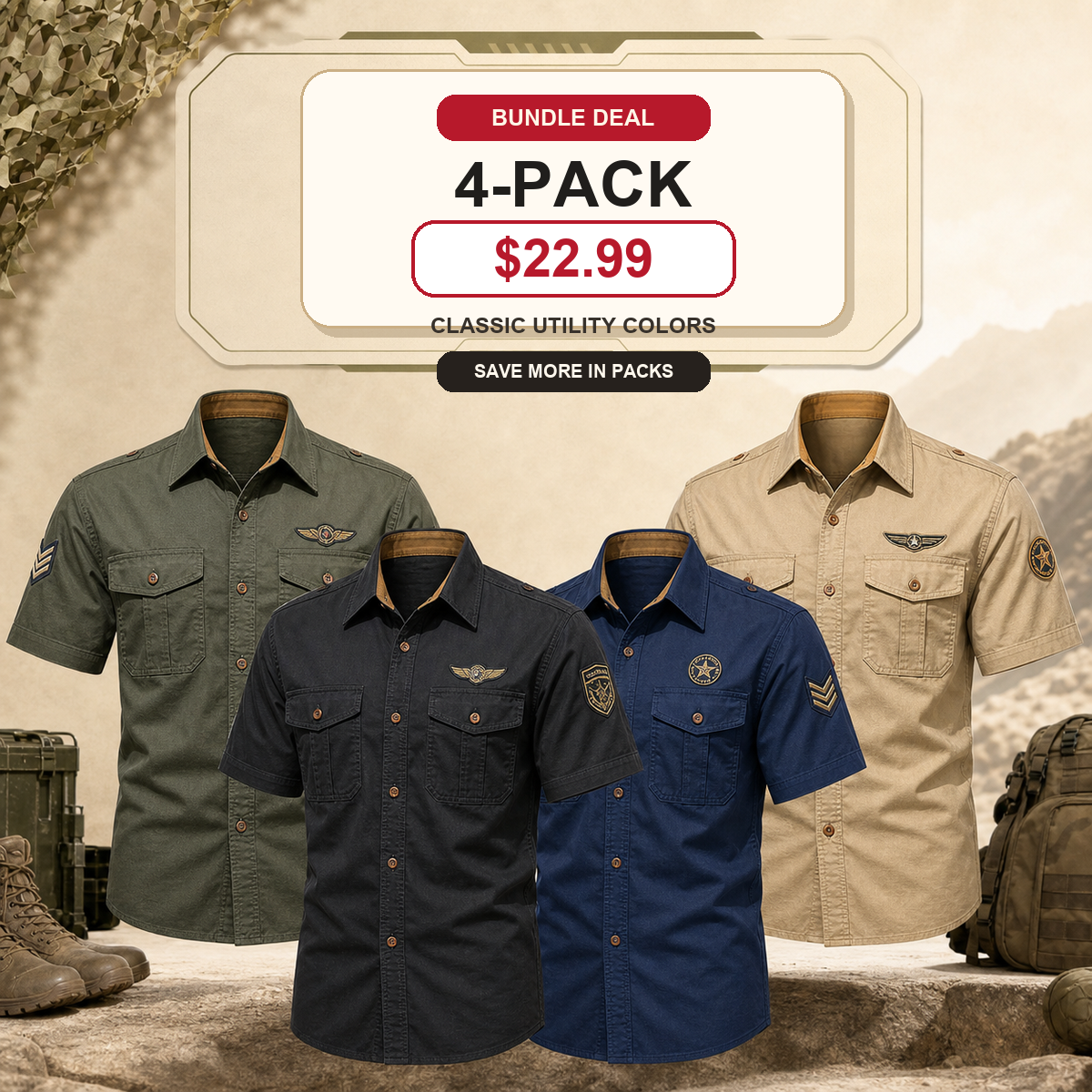 Men's Embroidered Patch Short Sleeve Utility Shirt