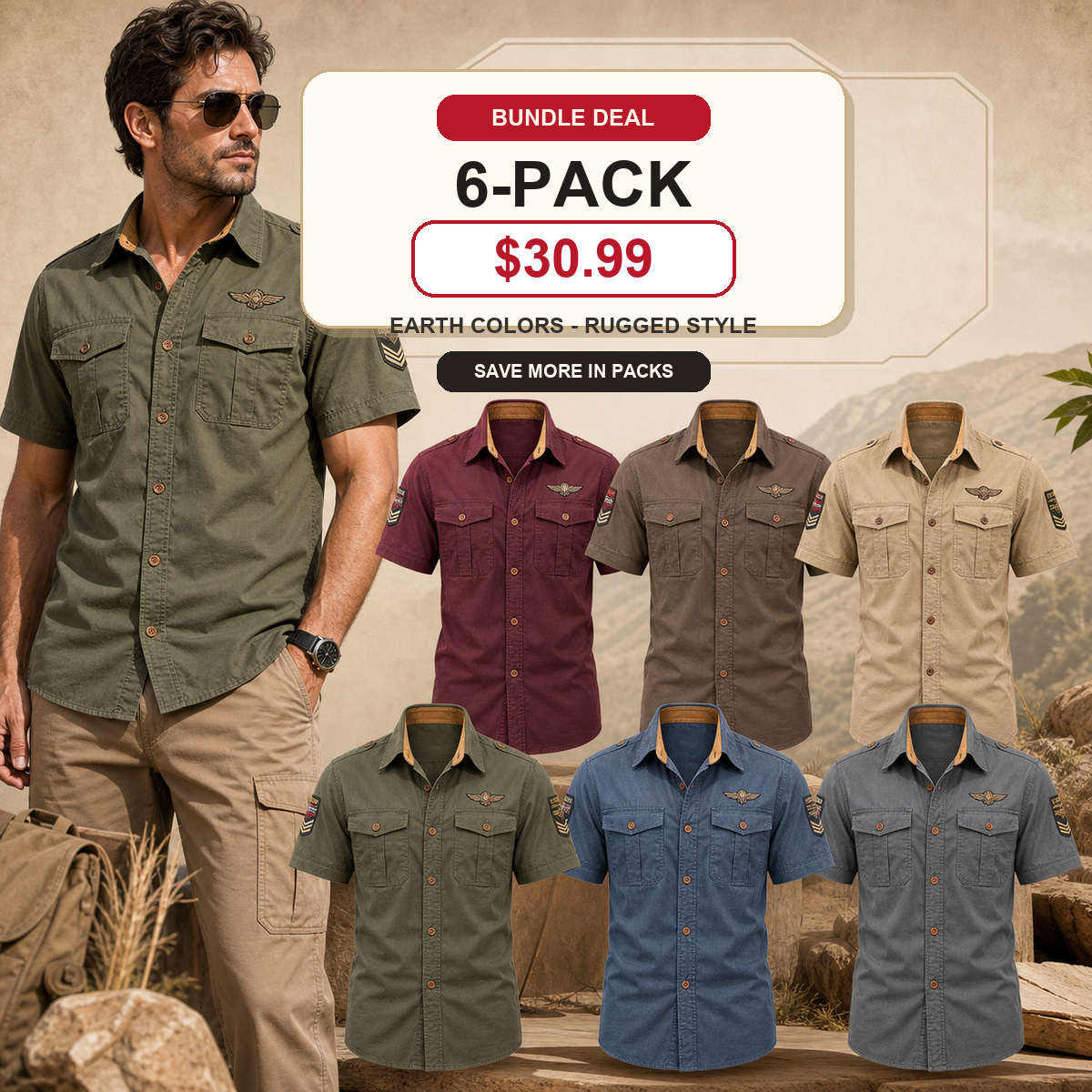 Men's Embroidered Patch Short Sleeve Utility Shirt