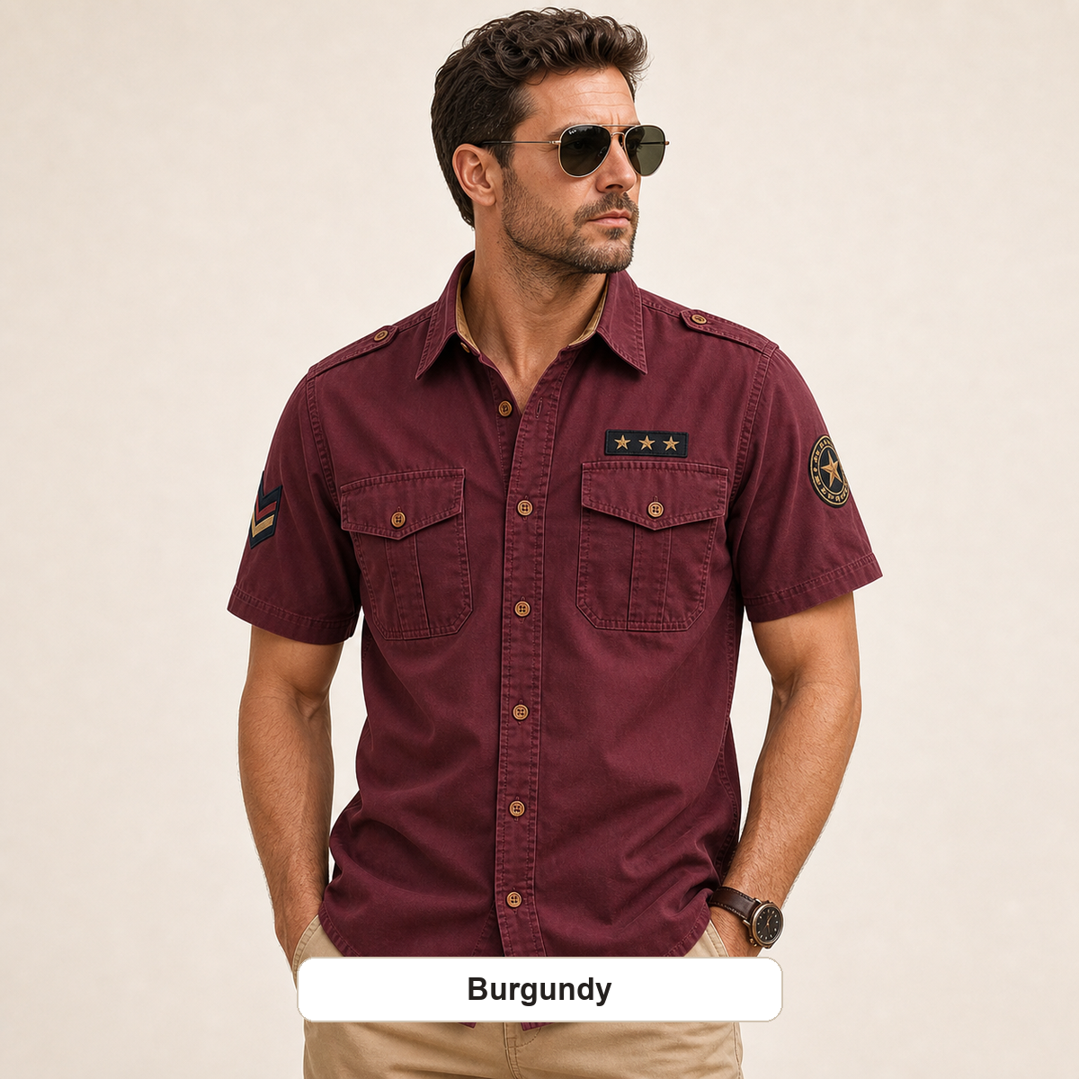 Men's Embroidered Patch Short Sleeve Utility Shirt