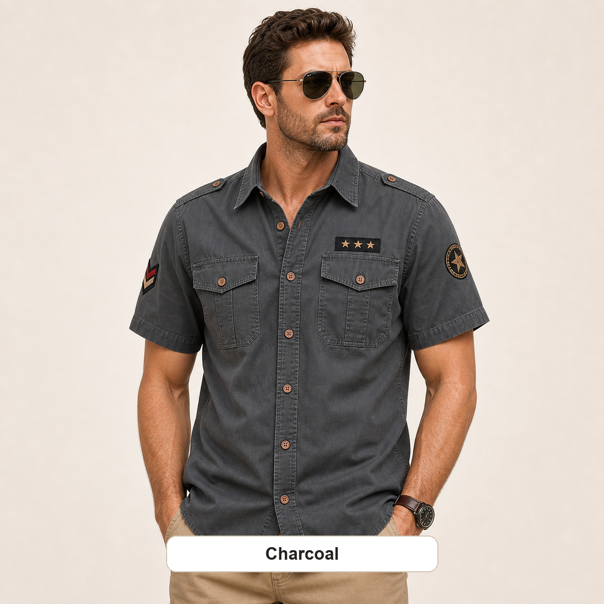 Men's Embroidered Patch Short Sleeve Utility Shirt