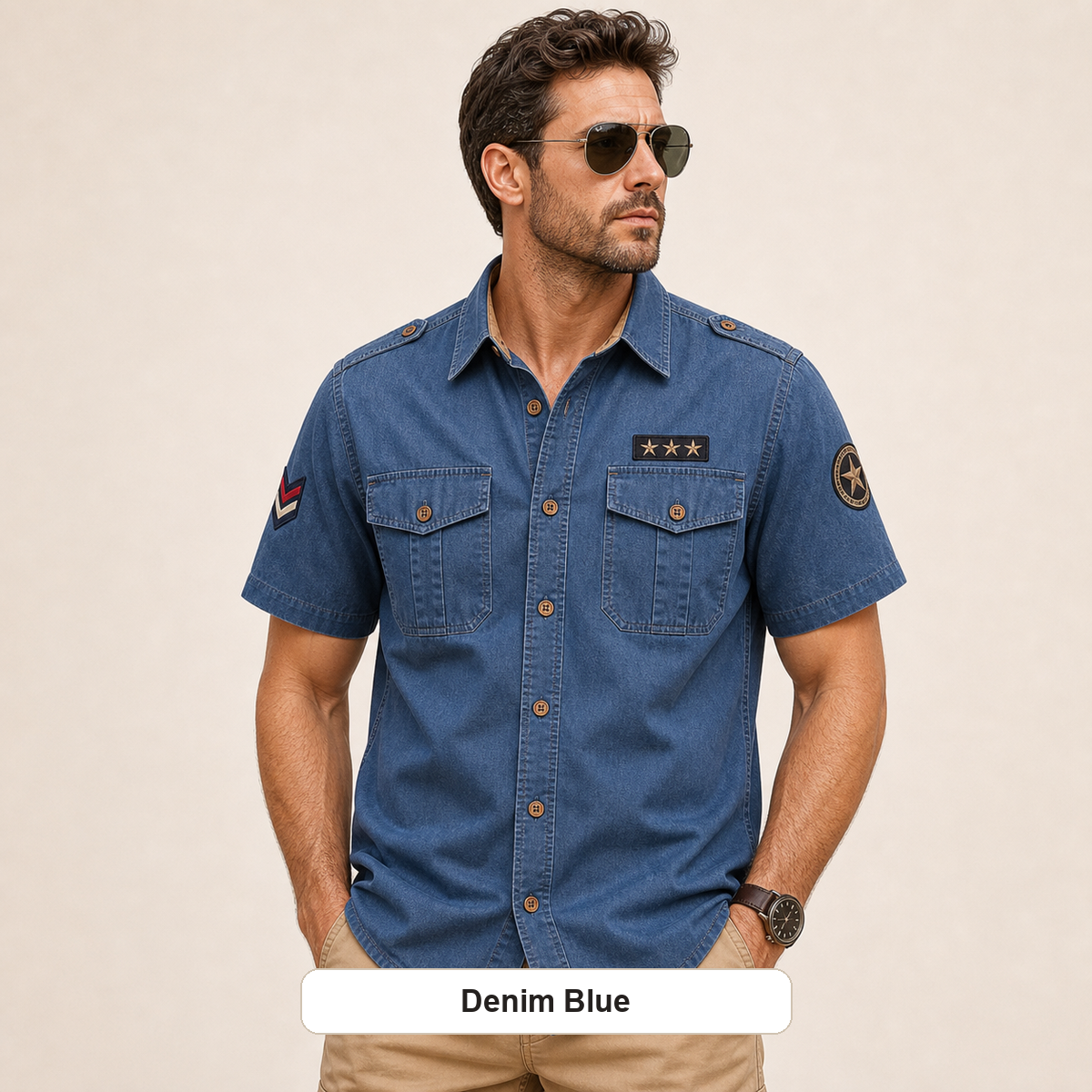 Men's Embroidered Patch Short Sleeve Utility Shirt