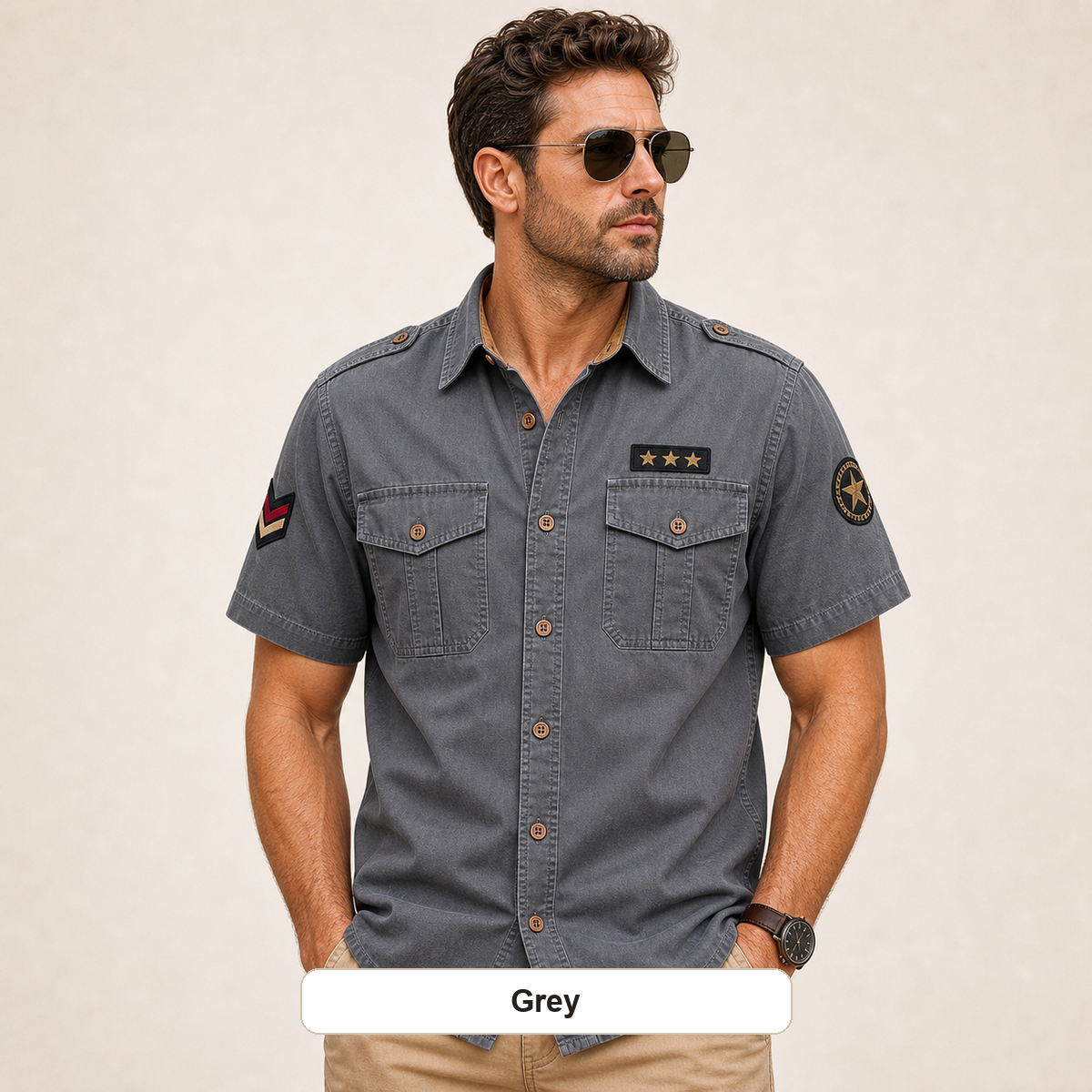 Men's Embroidered Patch Short Sleeve Utility Shirt