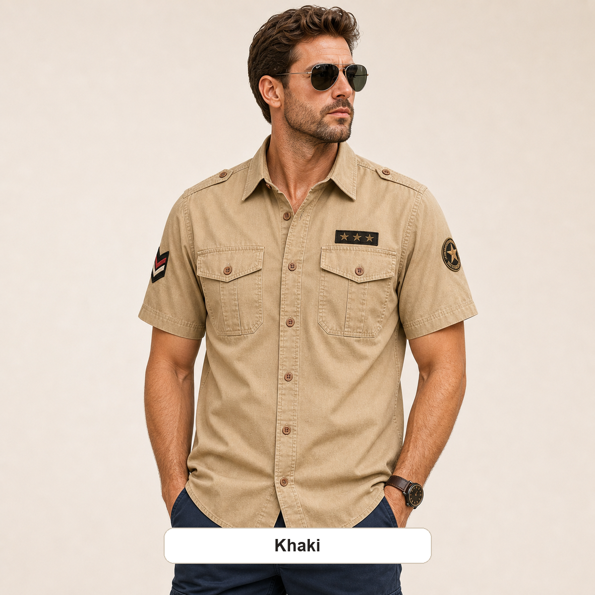 Men's Embroidered Patch Short Sleeve Utility Shirt
