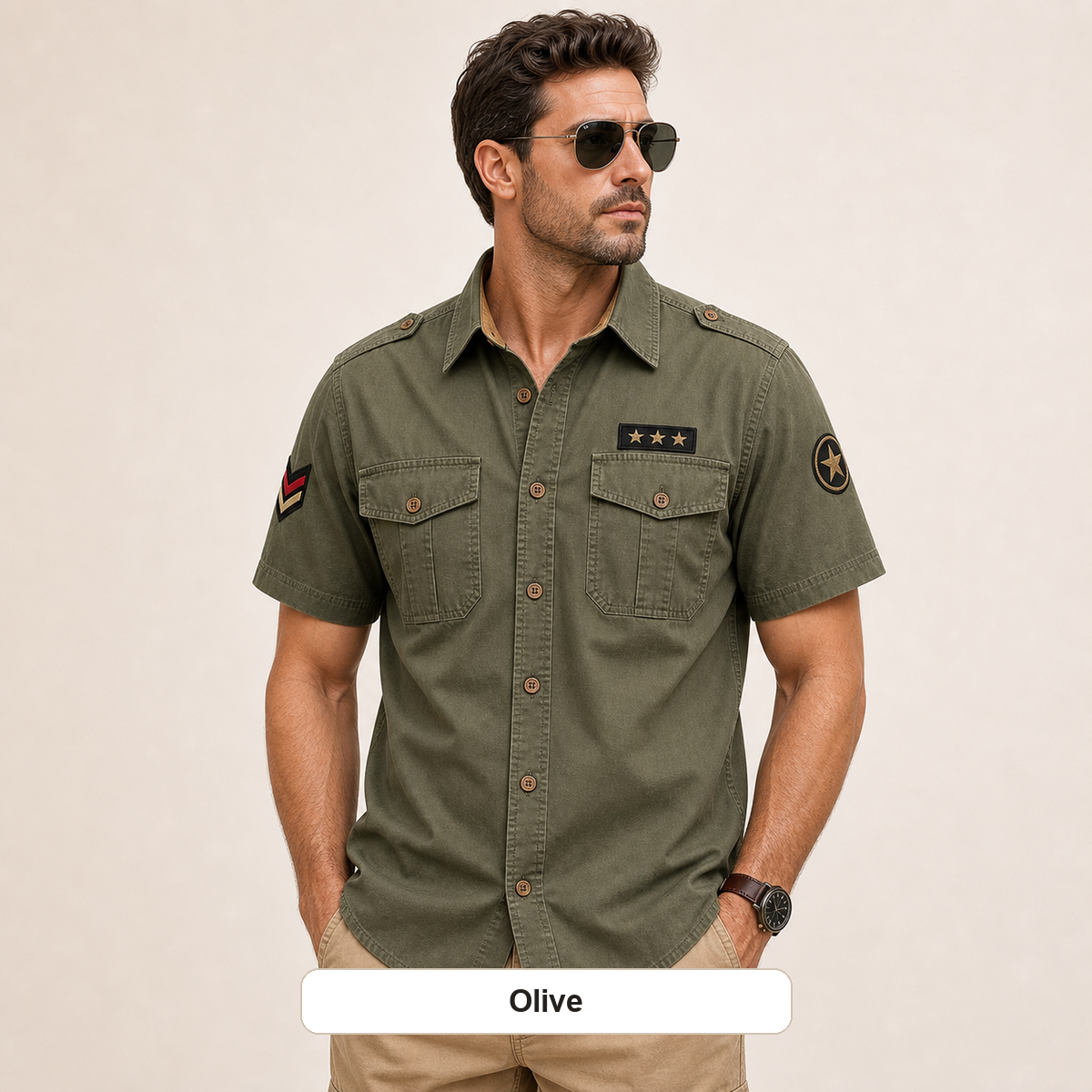 Men's Embroidered Patch Short Sleeve Utility Shirt