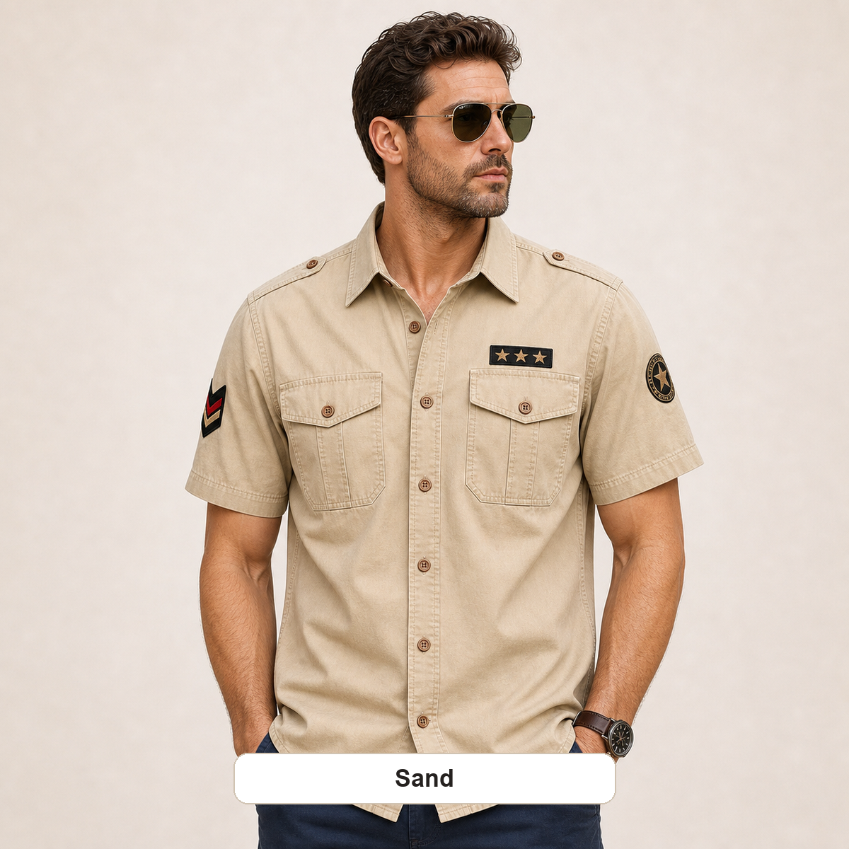 Men's Embroidered Patch Short Sleeve Utility Shirt