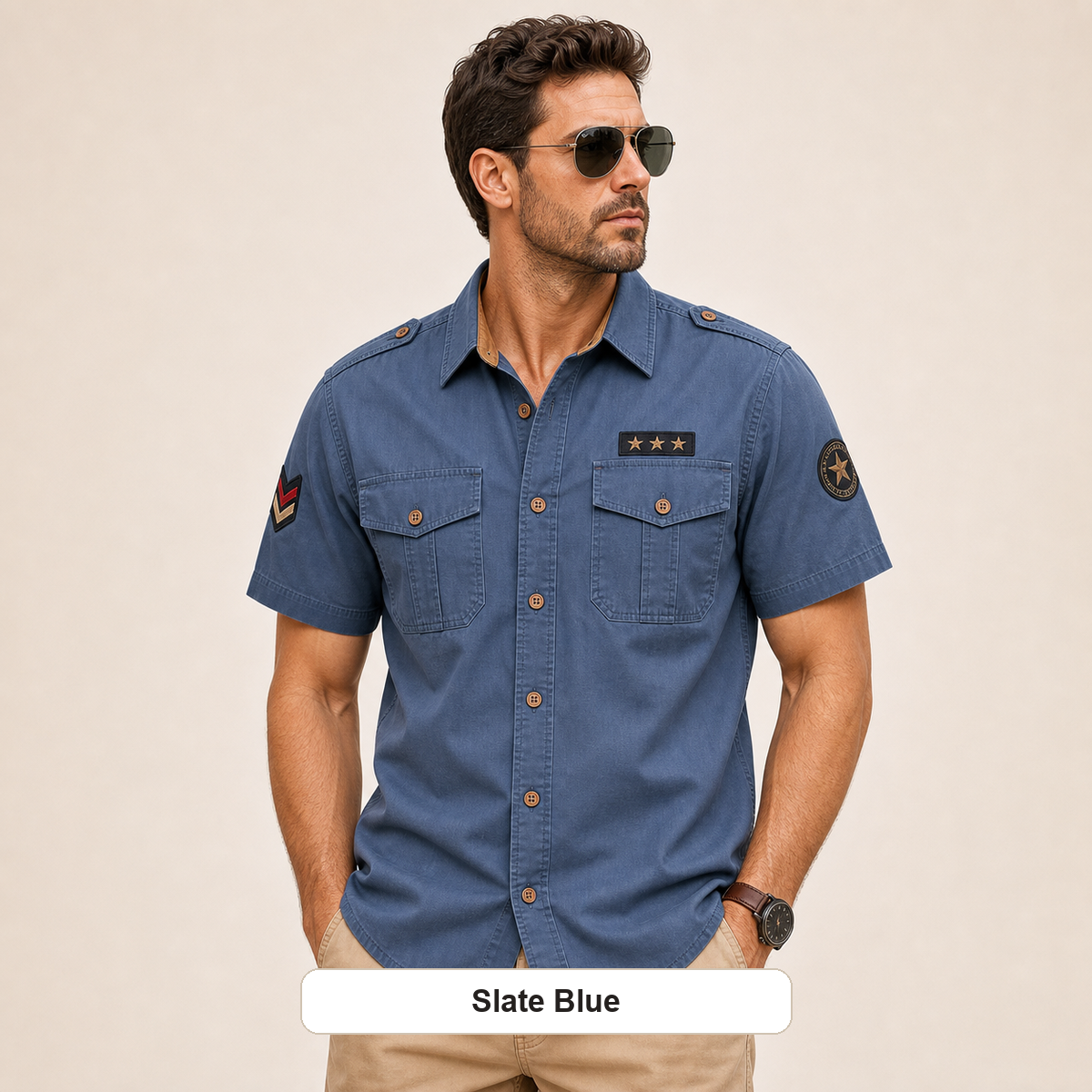 Men's Embroidered Patch Short Sleeve Utility Shirt