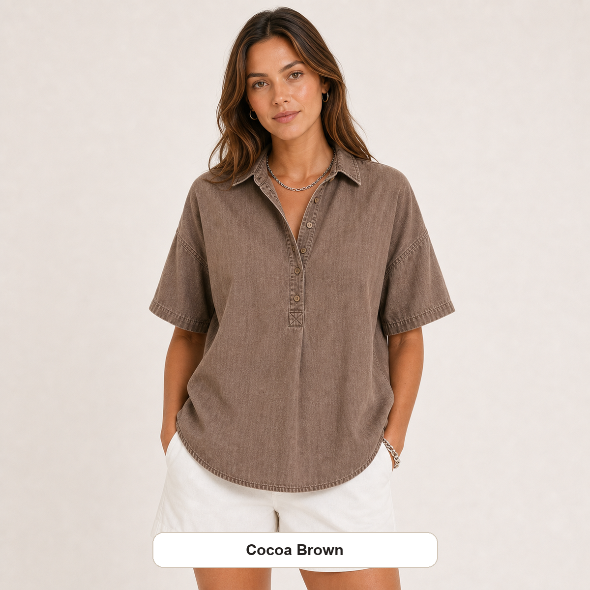 Women's Chambray Short Sleeve Henley Collar Shirt