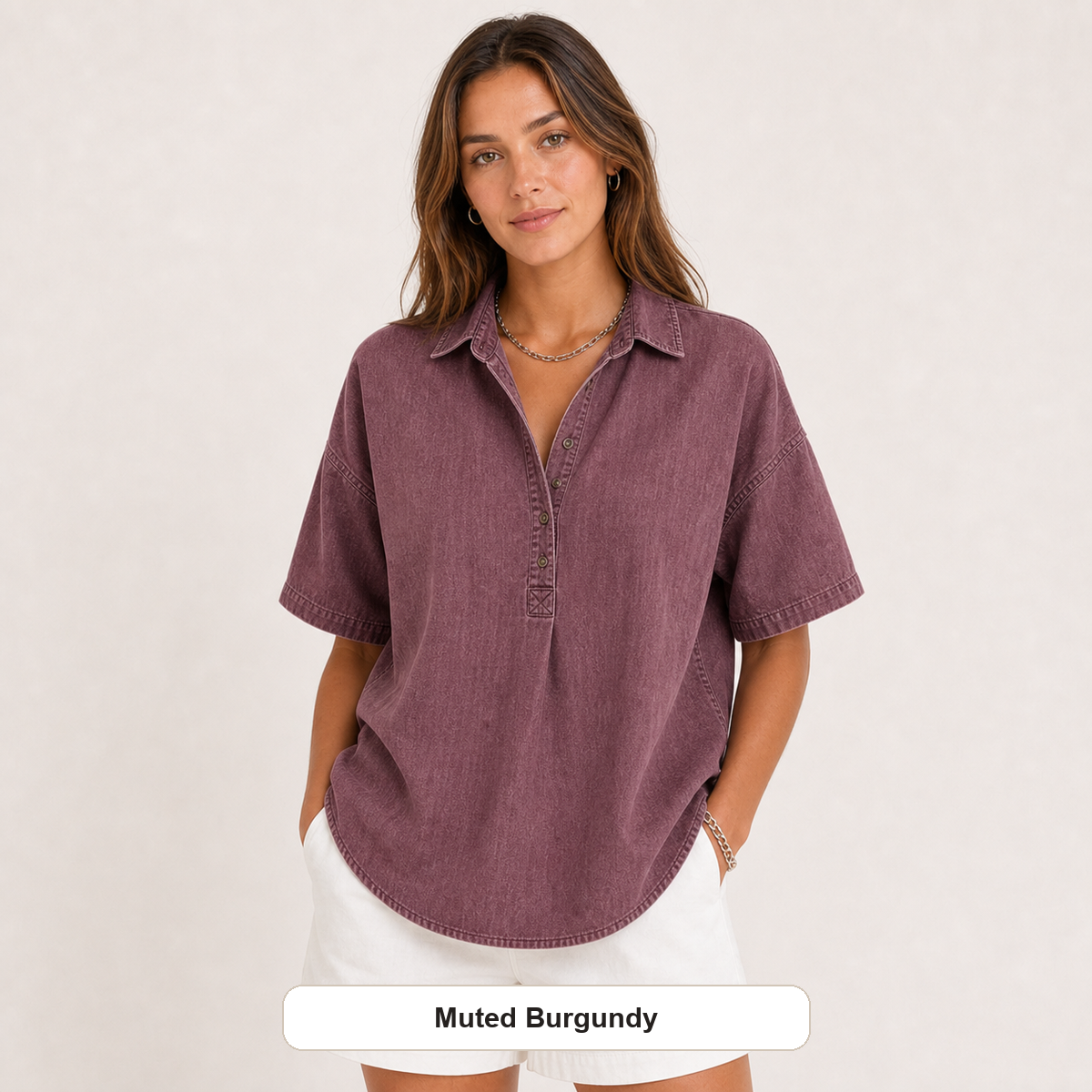 Women's Chambray Short Sleeve Henley Collar Shirt