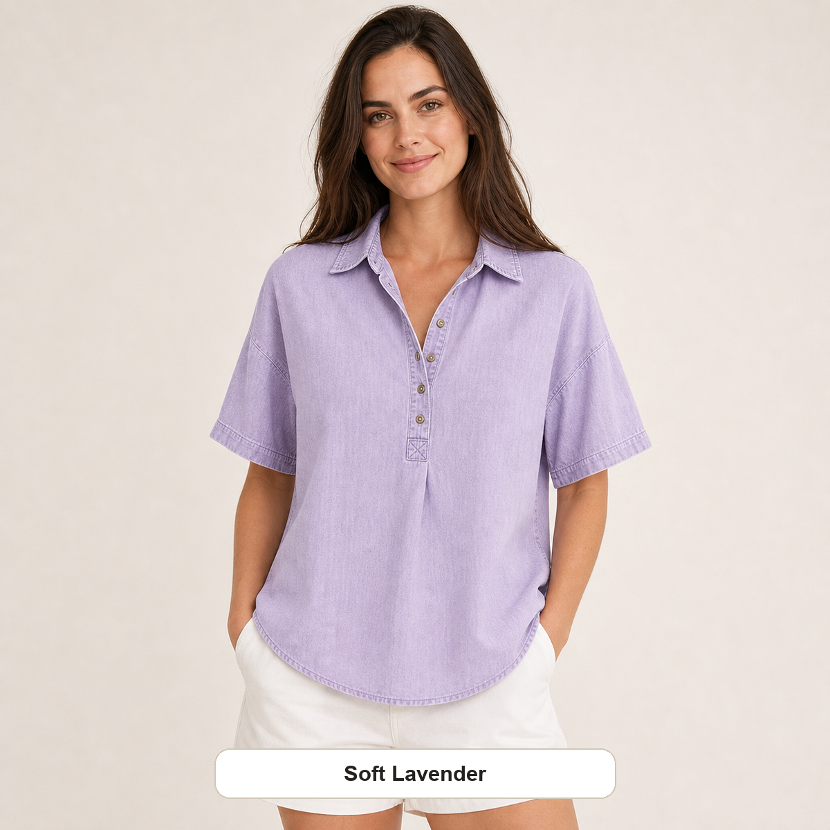 Women's Chambray Short Sleeve Henley Collar Shirt