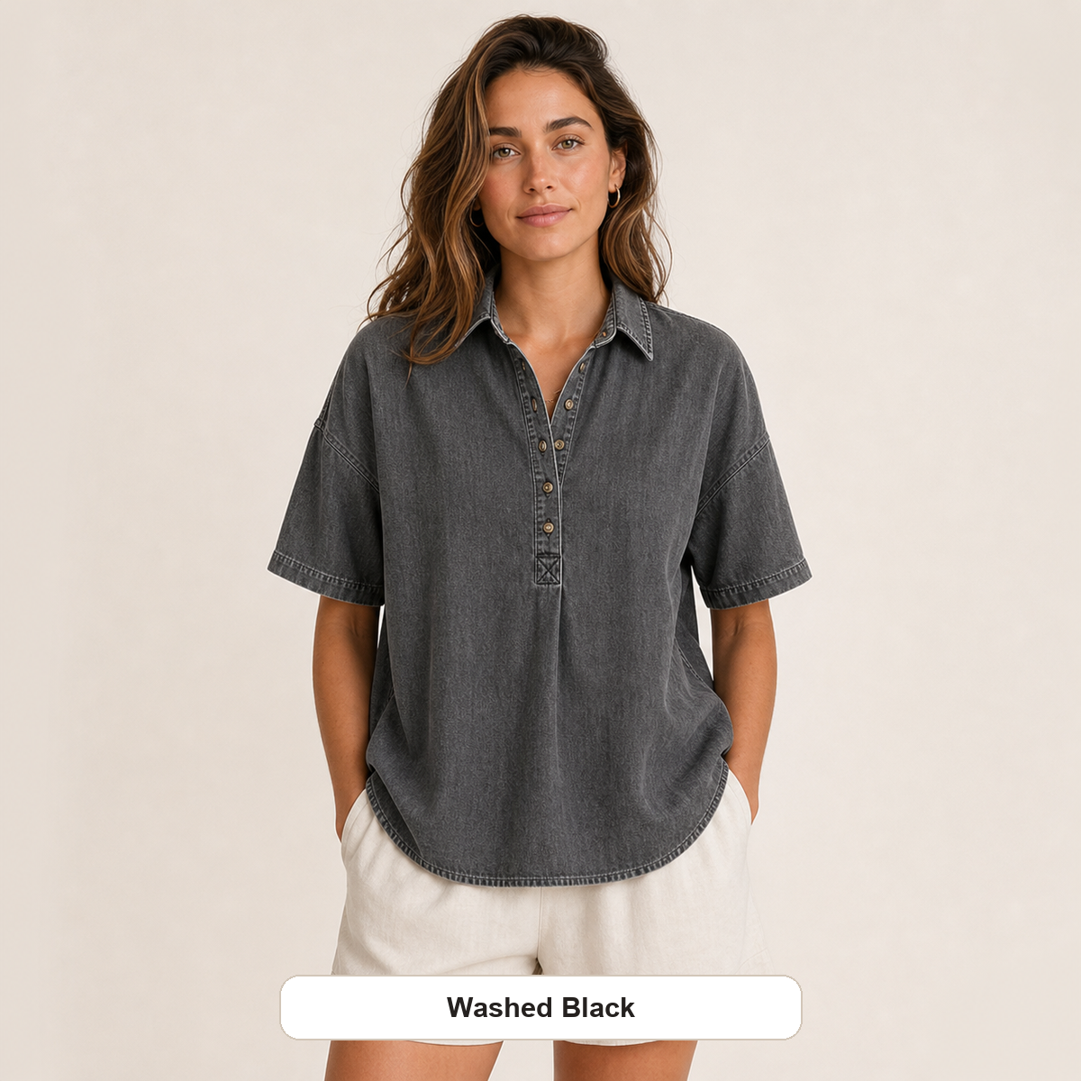 Women's Chambray Short Sleeve Henley Collar Shirt