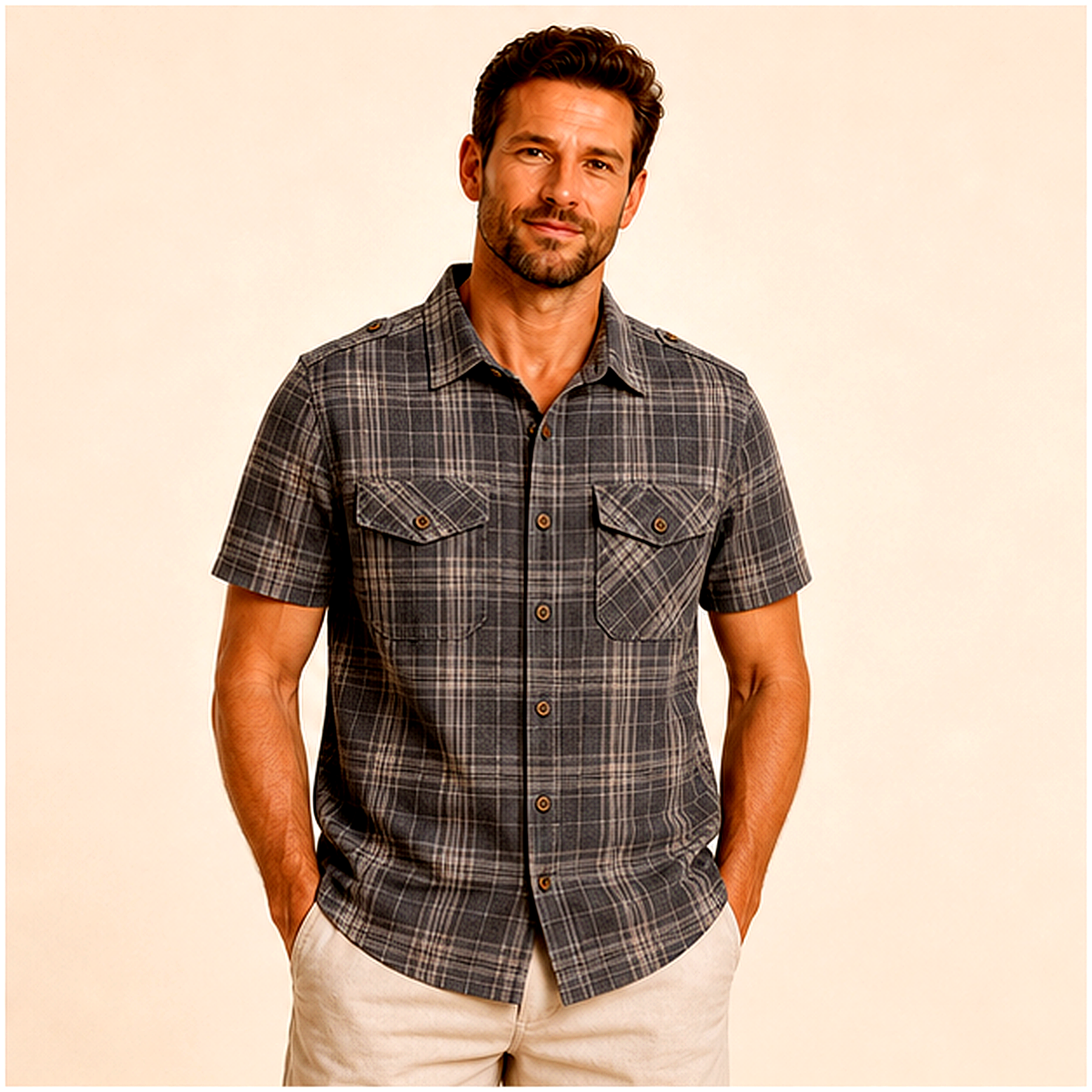 Men's Plaid Short Sleeve Utility Button-Up Shirt