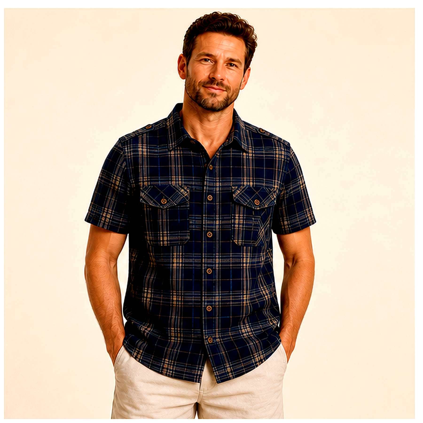 Men's Plaid Short Sleeve Utility Button-Up Shirt