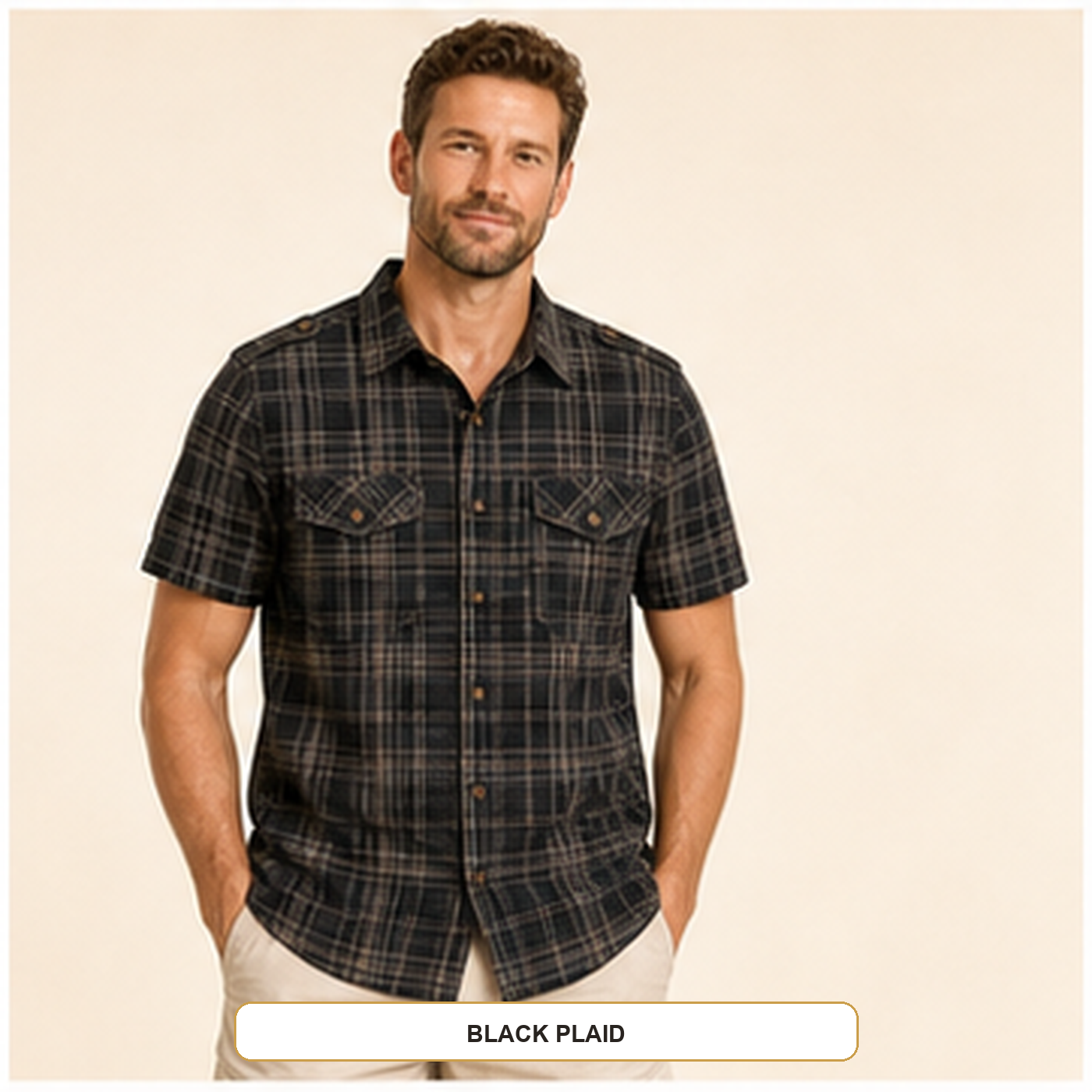 Men's Plaid Short Sleeve Utility Button-Up Shirt