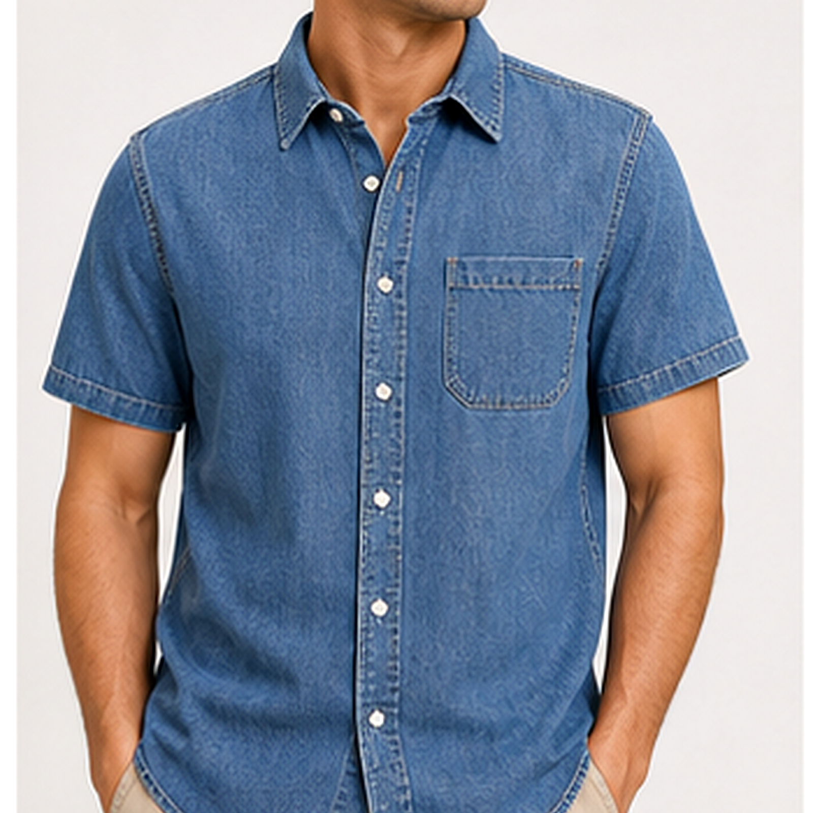 Men's Short Sleeve Denim Button-Up Shirt