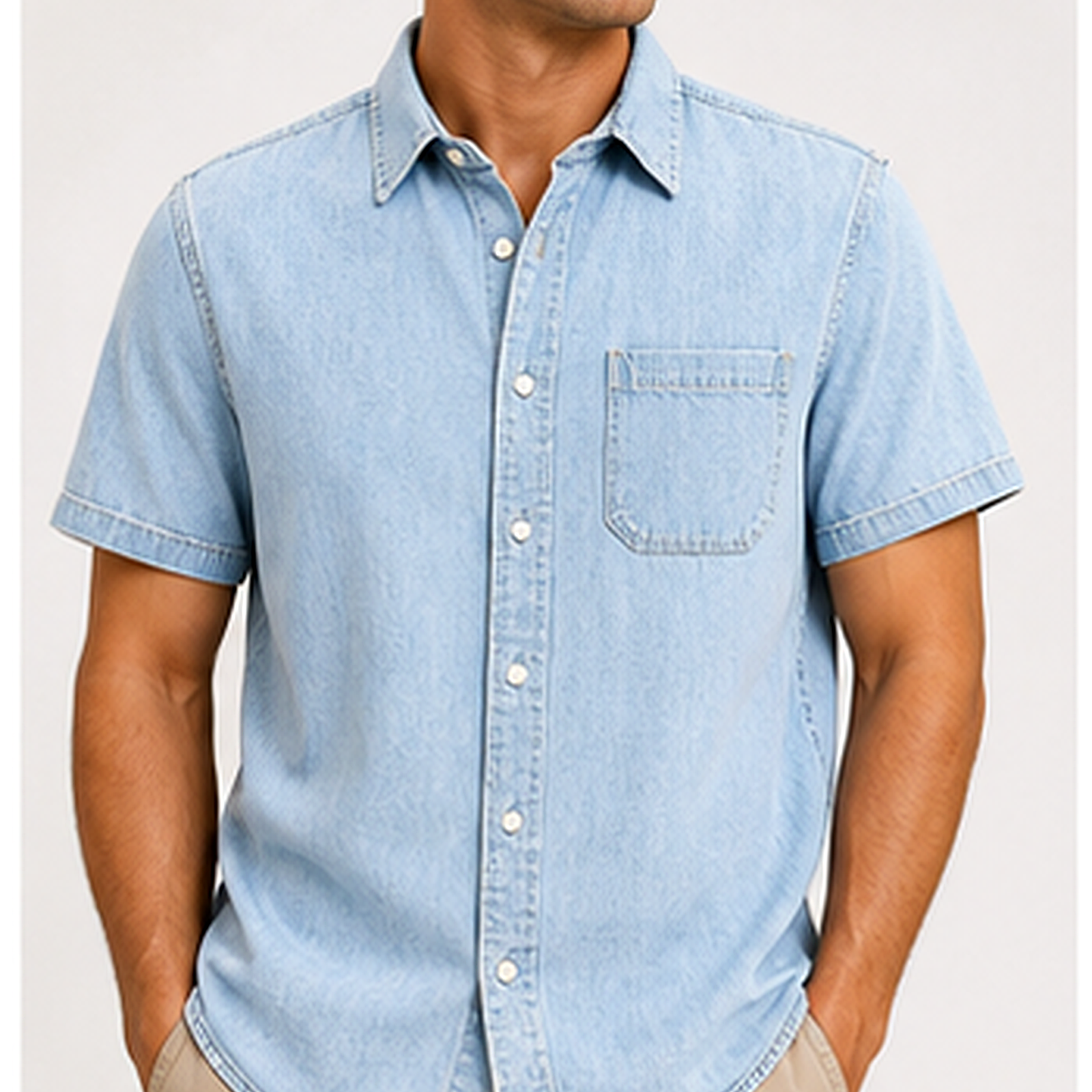 Men's Short Sleeve Denim Button-Up Shirt