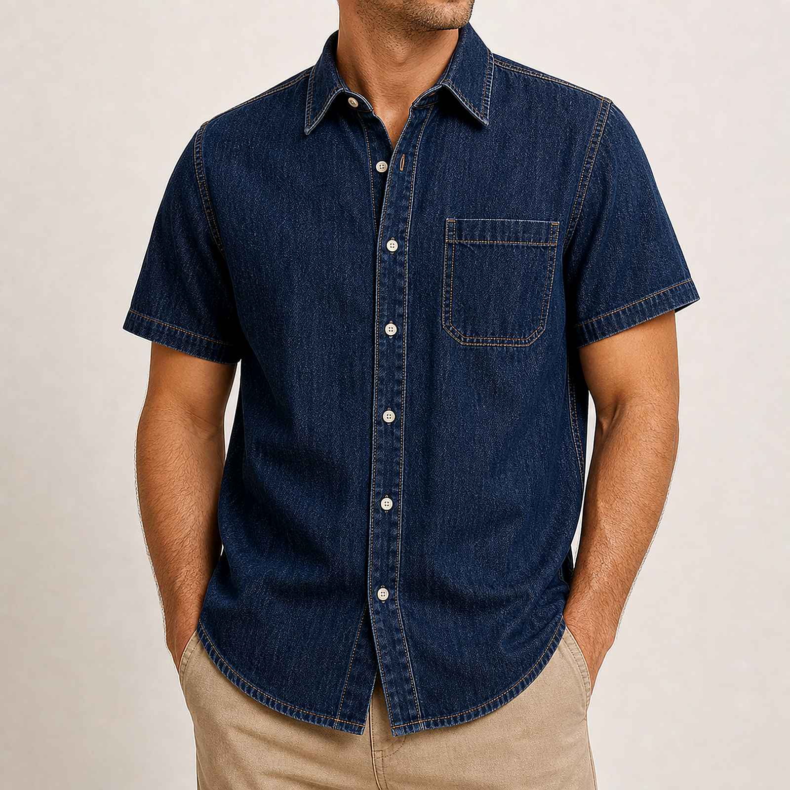 Men's Short Sleeve Denim Button-Up Shirt