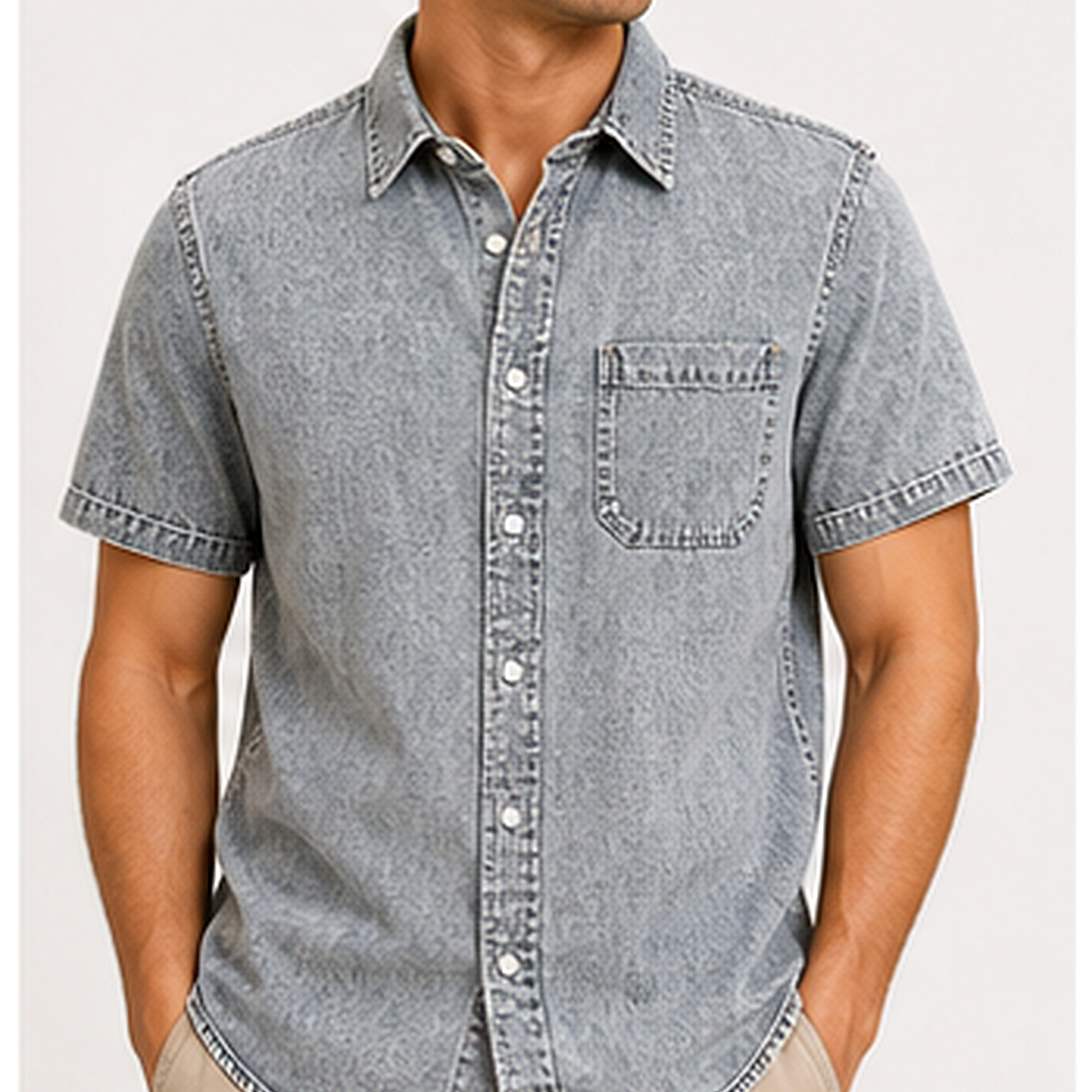 Men's Short Sleeve Denim Button-Up Shirt