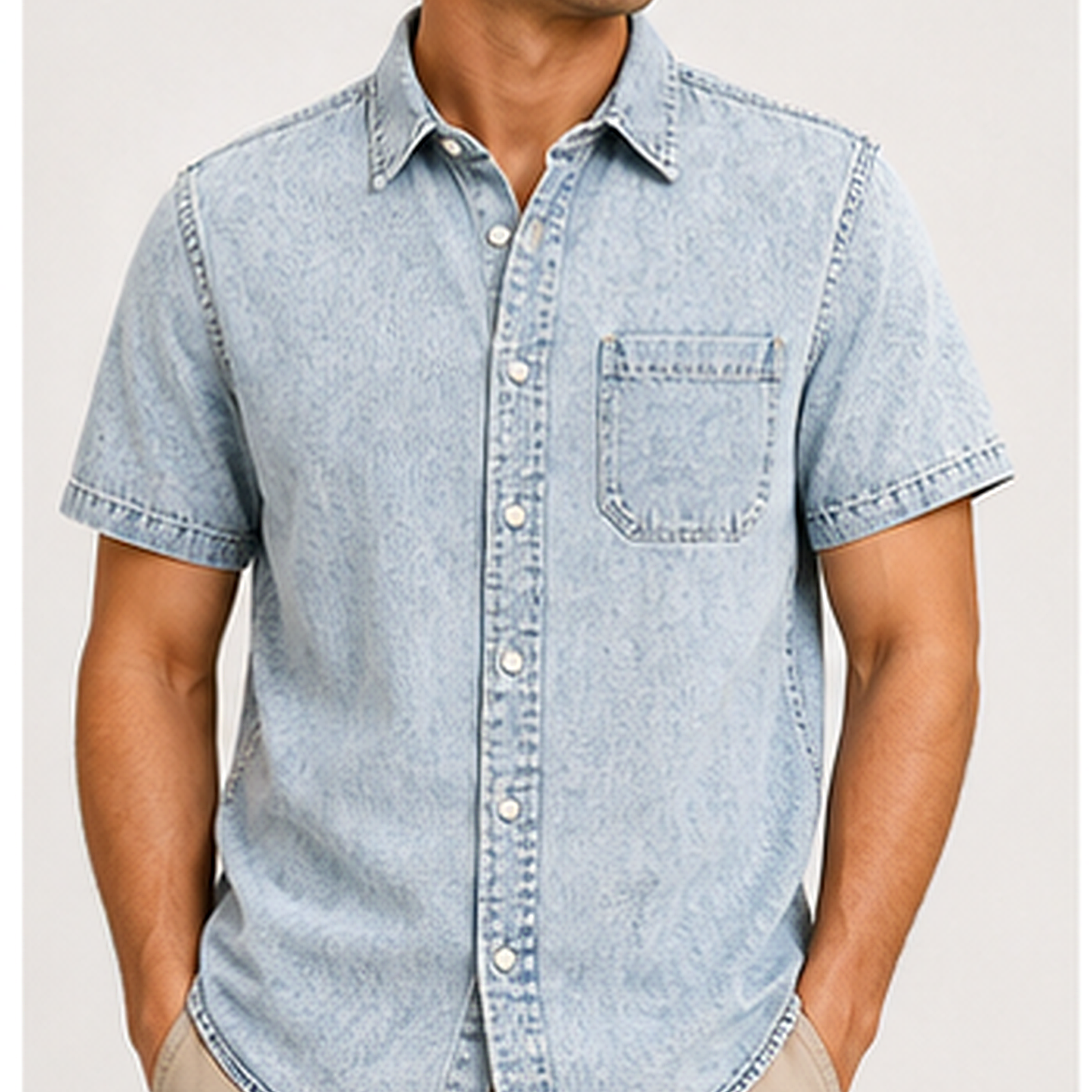 Men's Short Sleeve Denim Button-Up Shirt