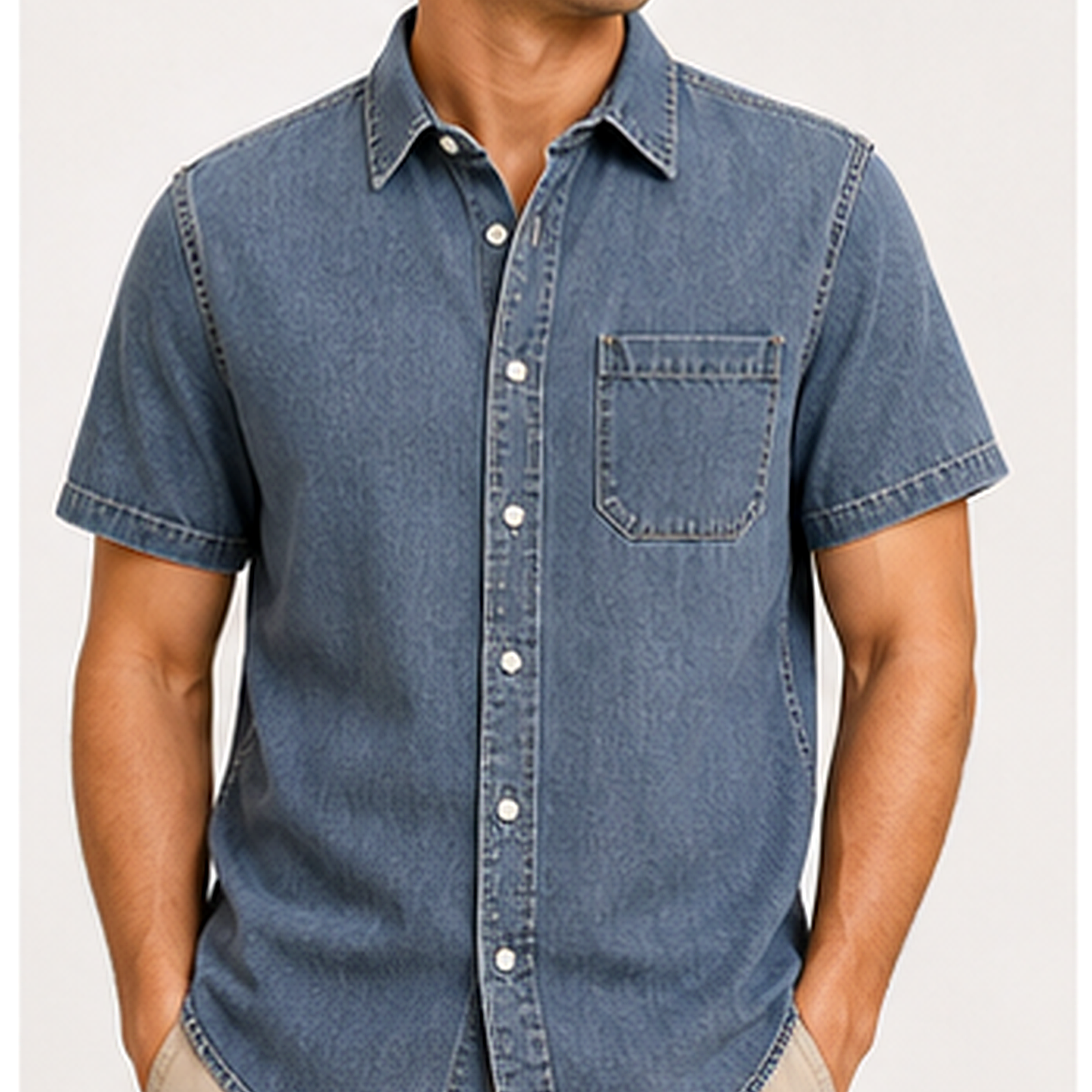 Men's Short Sleeve Denim Button-Up Shirt