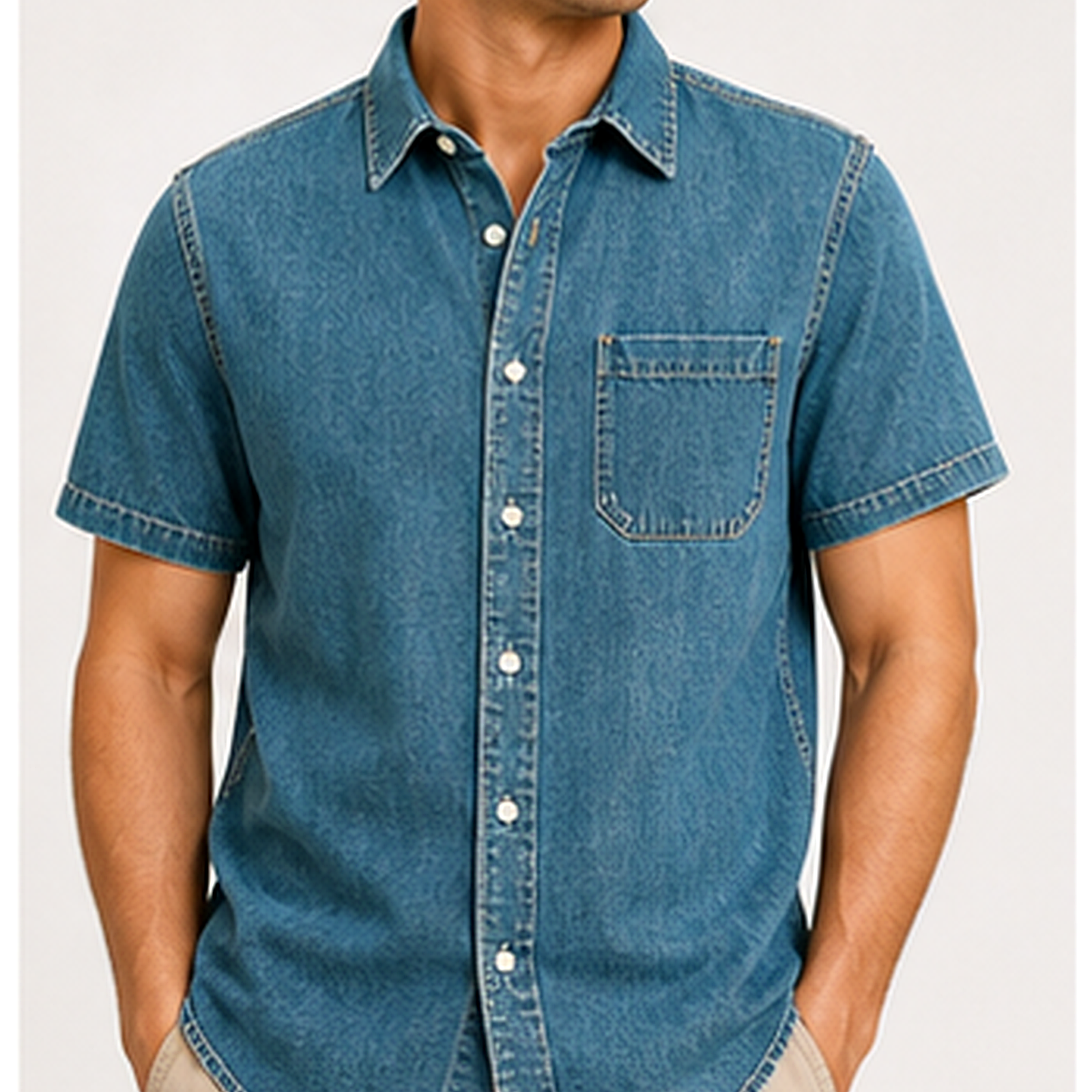 Men's Short Sleeve Denim Button-Up Shirt