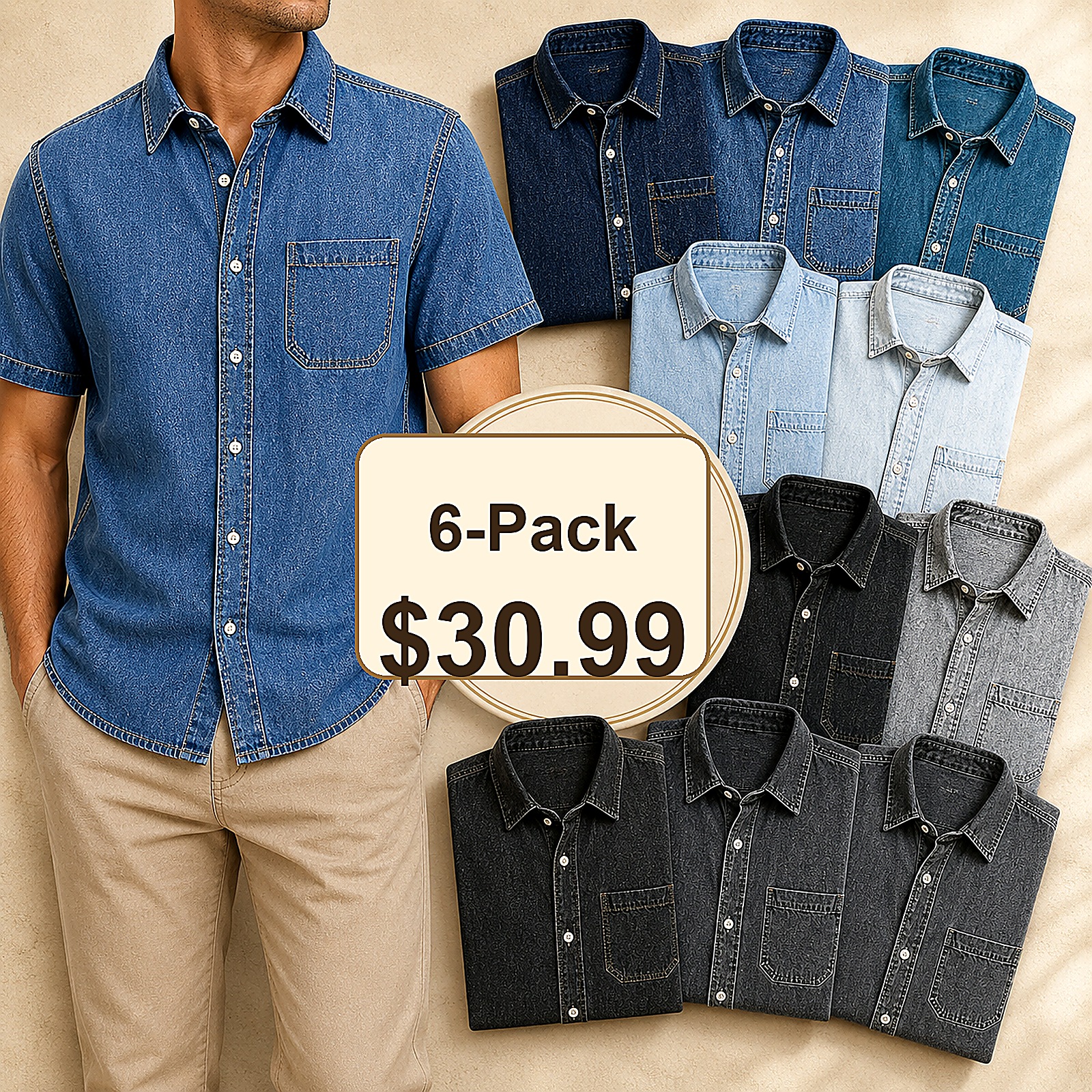 Men's Short Sleeve Denim Button-Up Shirt