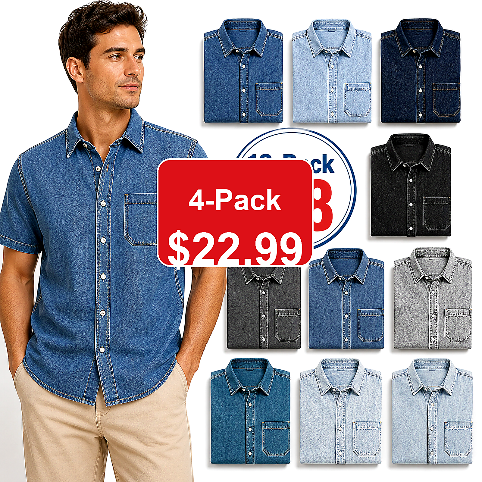 Men's Short Sleeve Denim Button-Up Shirt