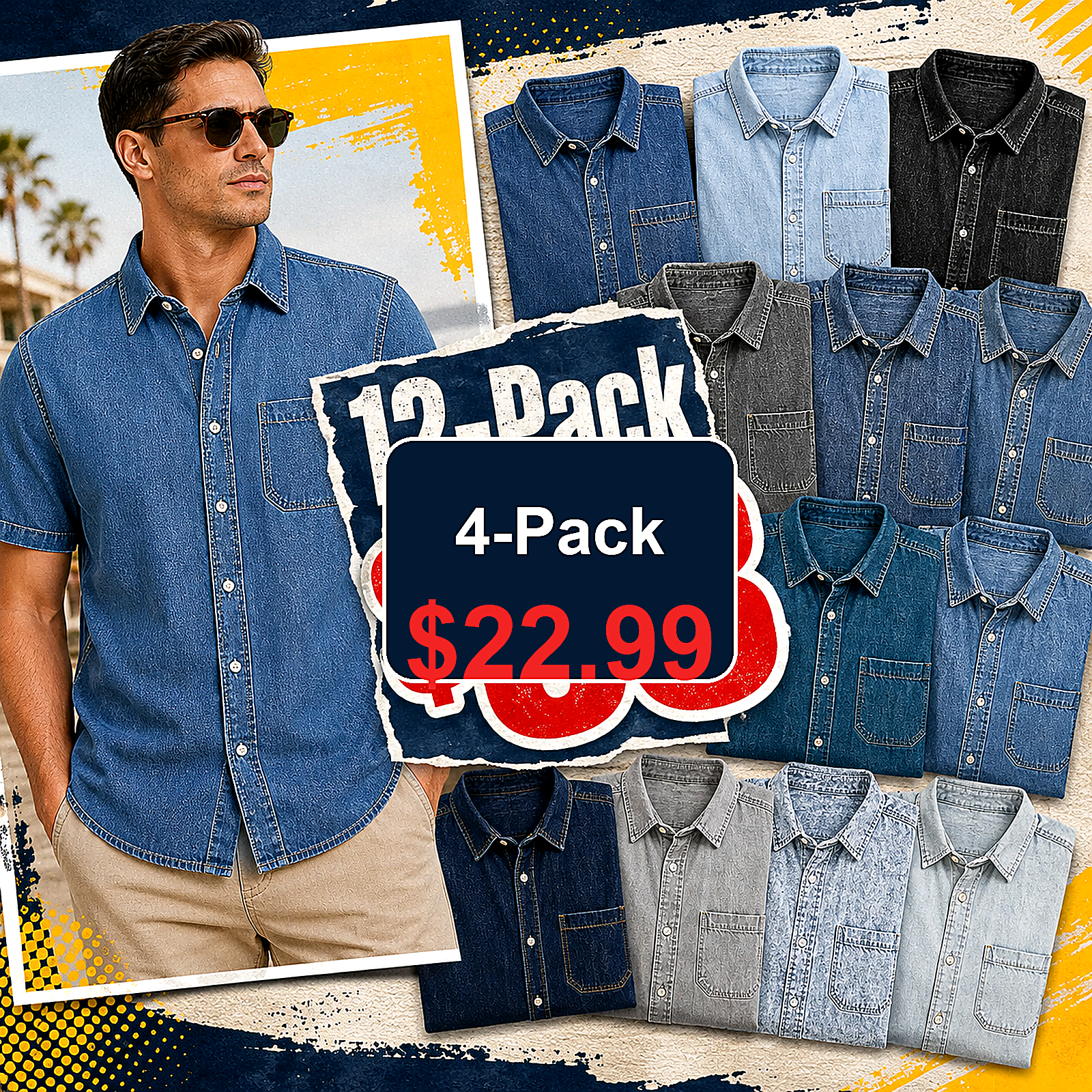 Men's Short Sleeve Denim Button-Up Shirt