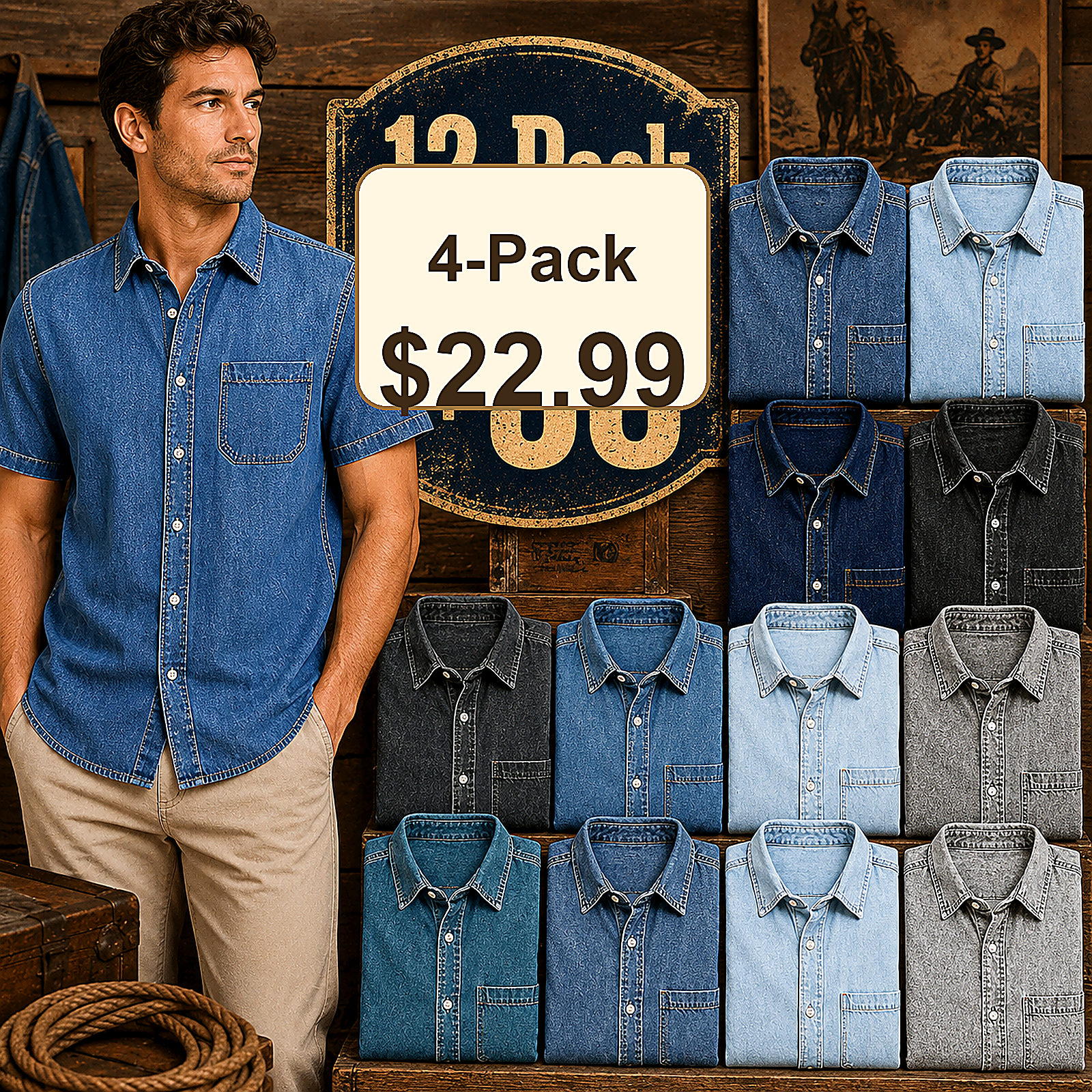 Men's Short Sleeve Denim Button-Up Shirt