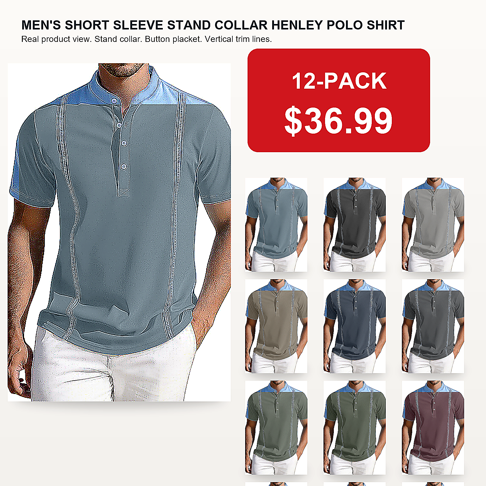 Men's Short Sleeve Stand Collar Henley Polo Shirt