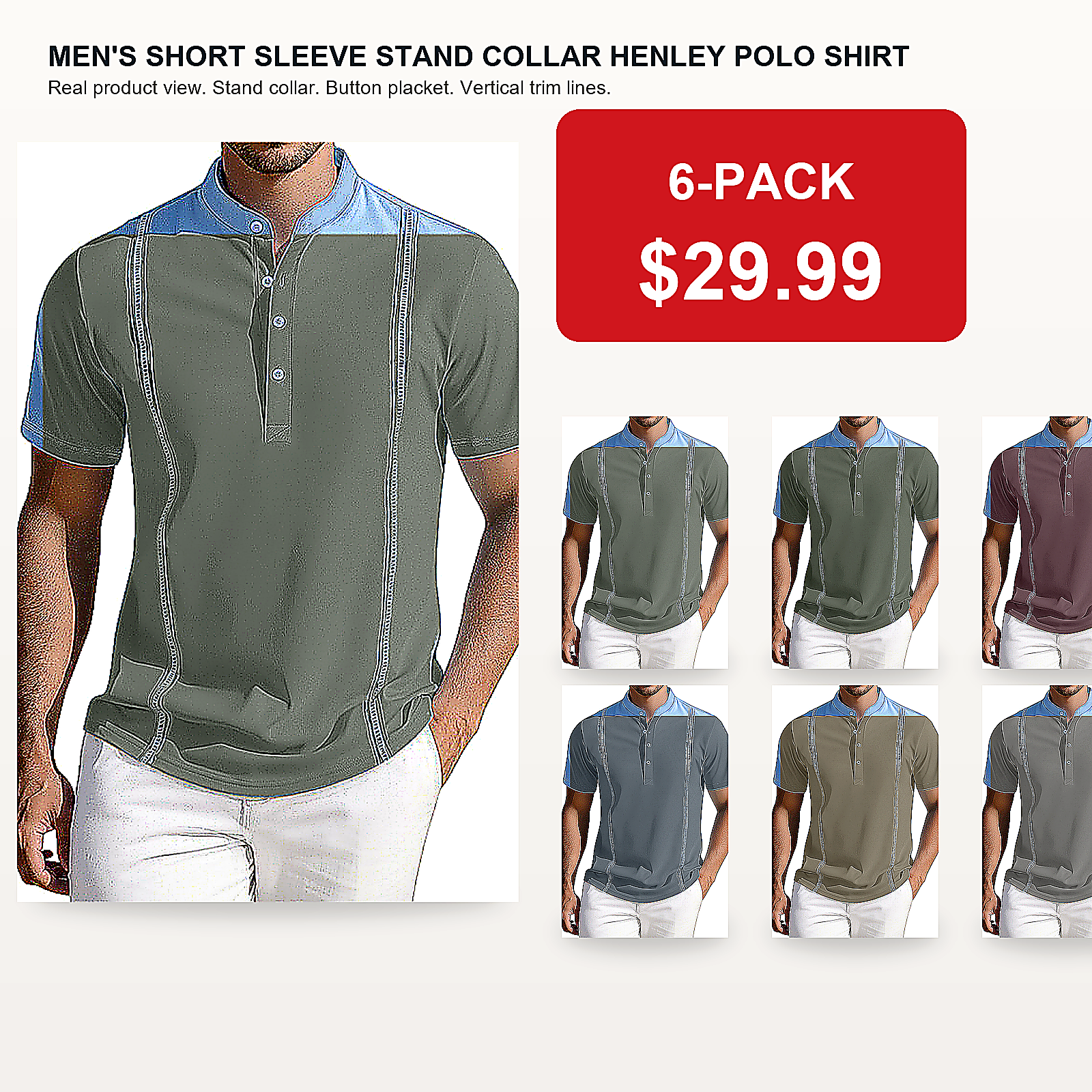 Men's Short Sleeve Stand Collar Henley Polo Shirt